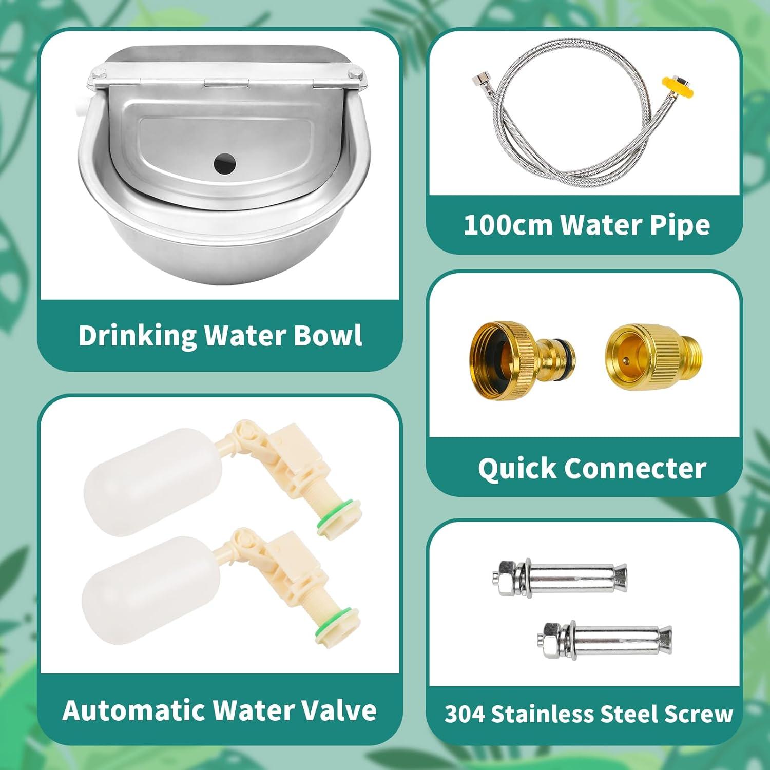 Automatic Dog Drinking Water Bowl, 304 Stainless Steel Outdoor Waterer for Dog Horse Pig Cow, Large Animal Dispenser with 2 Float Valves, Pipe Hose, Quick Connector and Expansion Bolt
