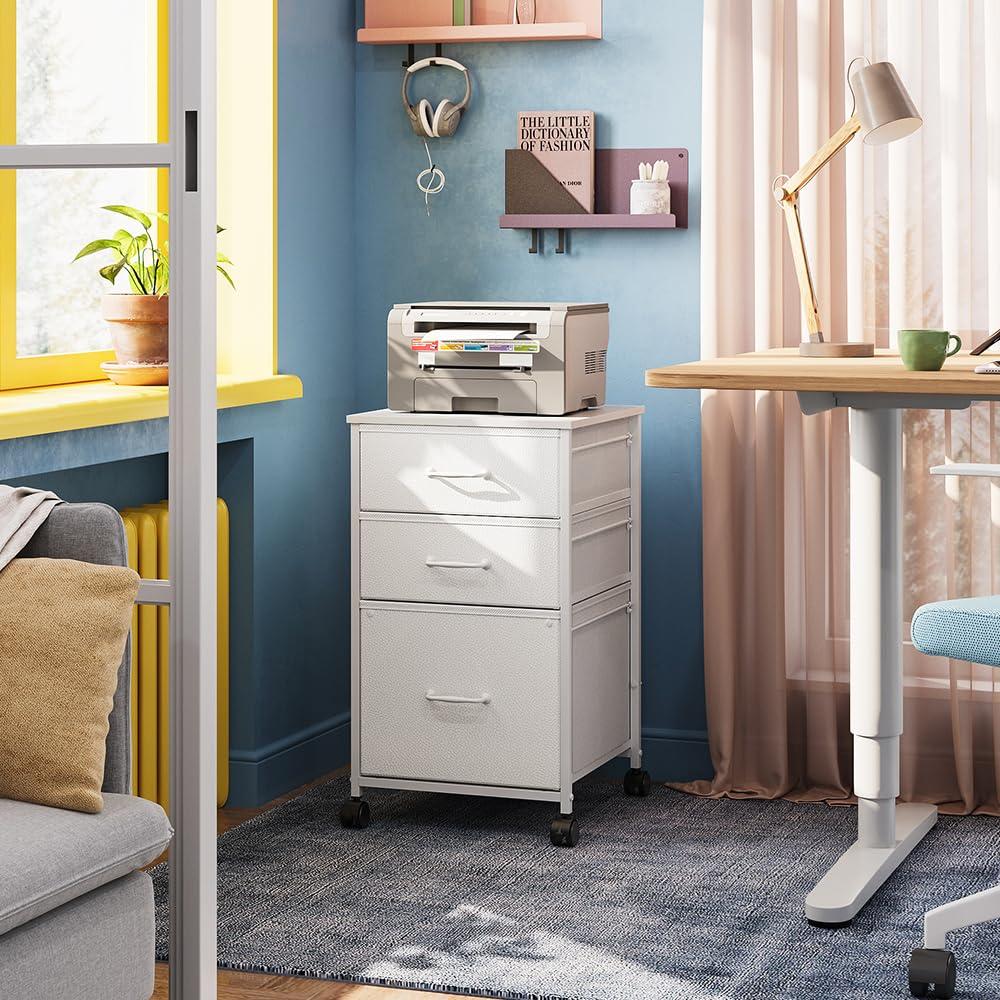 White Fabric and Steel Mobile File Cabinet with 3 Drawers