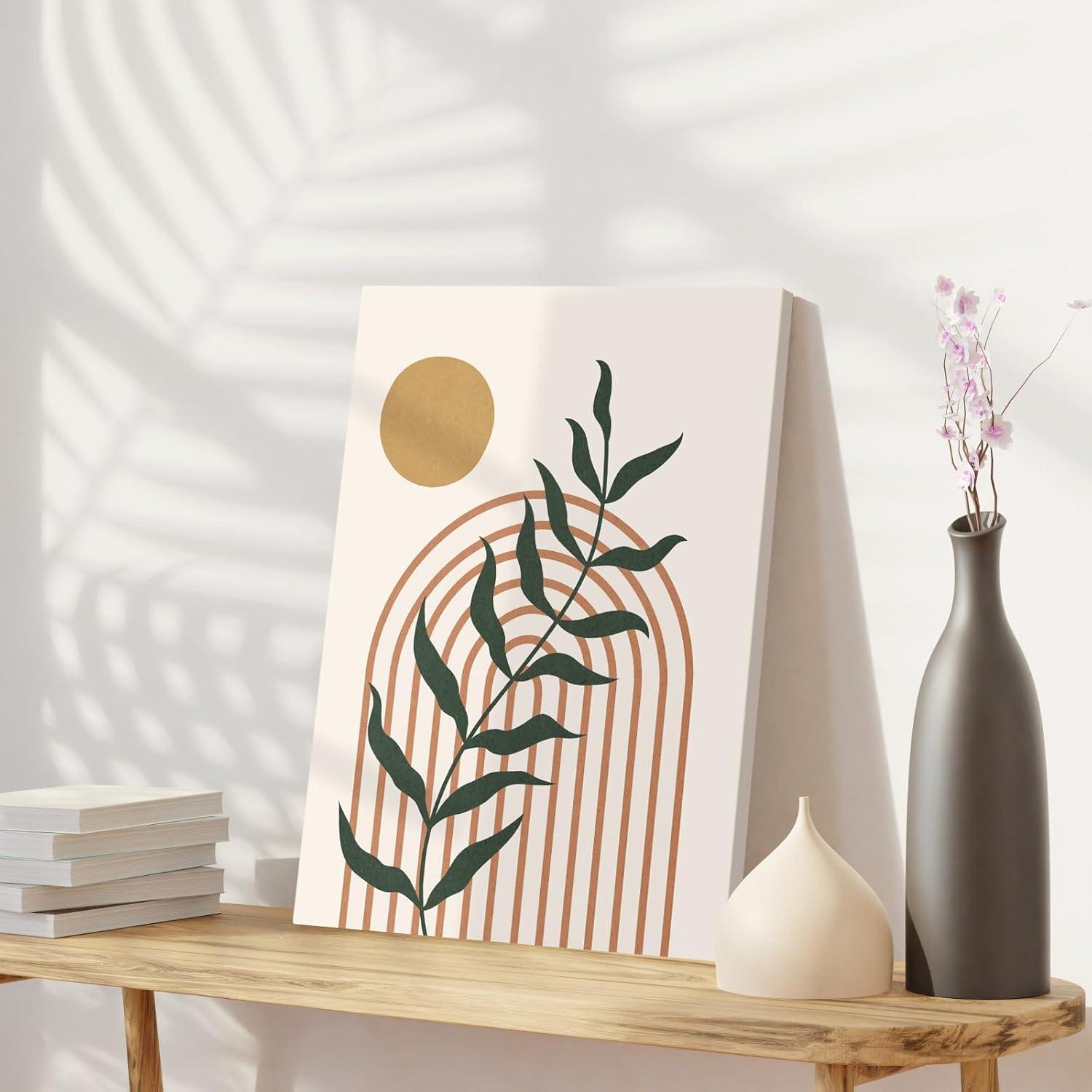 Framed Boho Wall Art, Abstract Sage Green Wall Decor Palm Leaf Sun Moon Line Green Canvas Painting, Minimalist Geometric Boho Room Decor, Sage Green Wall Posters & Prints for Living Room,