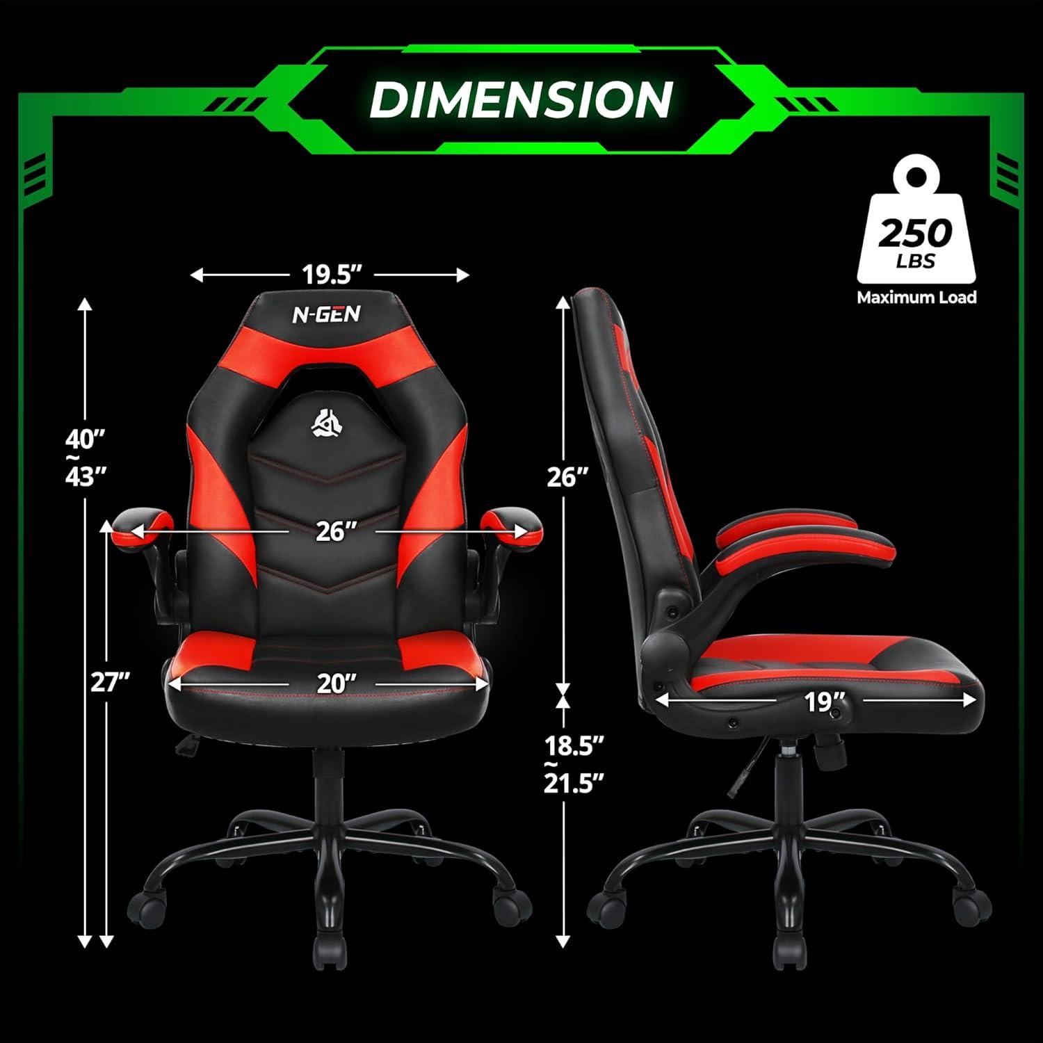 N-GEN Adjustable Ergonomic Faux Leather Swiveling PC & Racing Game Office Desk Chair with Flip-Up Arms