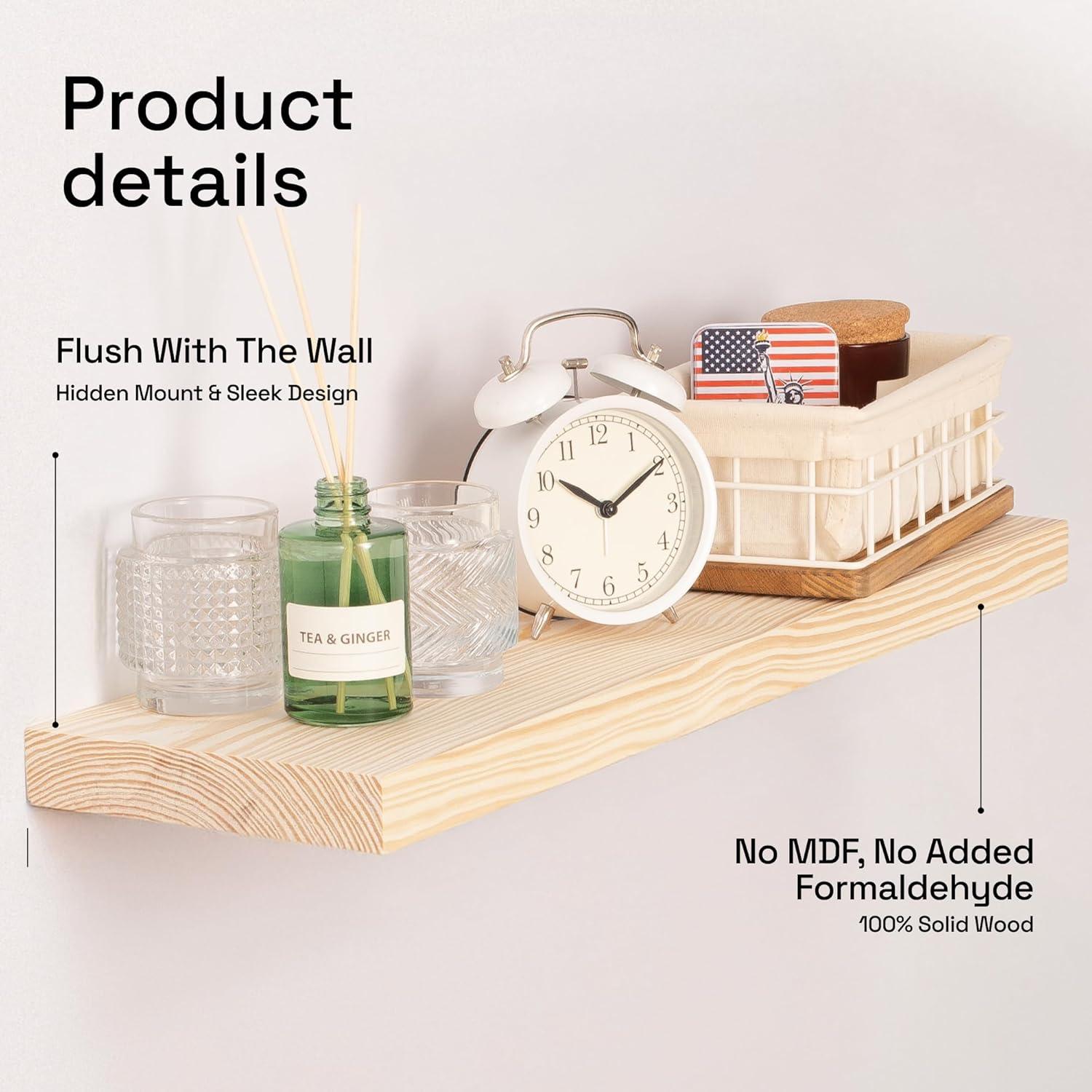 Baobab Workshop Solid Wood Floating Shelves, Wooden Shelves for Wall (Set of 2)