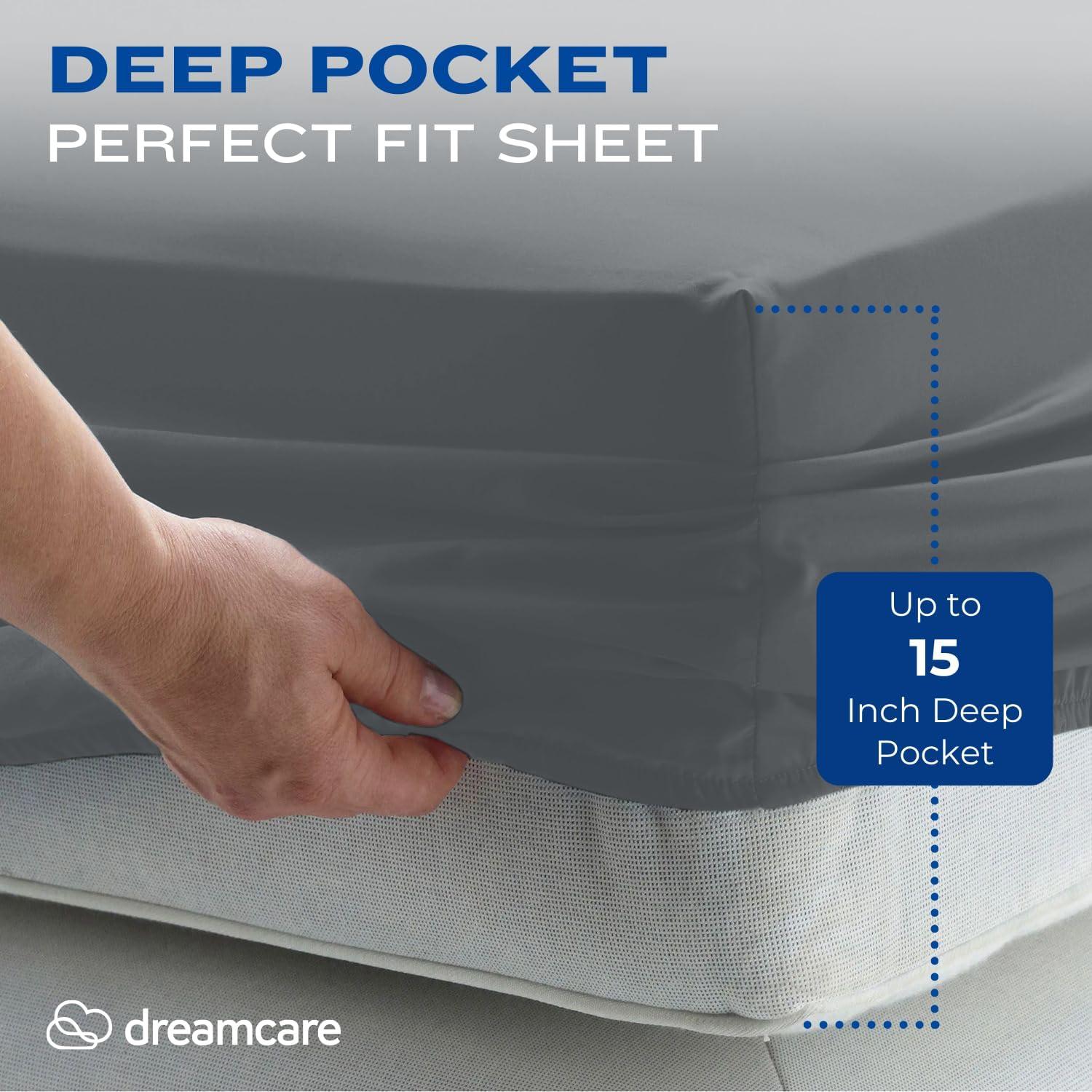 DREAMCARE - Bed Sheets Set - Queen Size Sheet with Side Pocket - 4pcs Set, 15 inches, Dark Gray