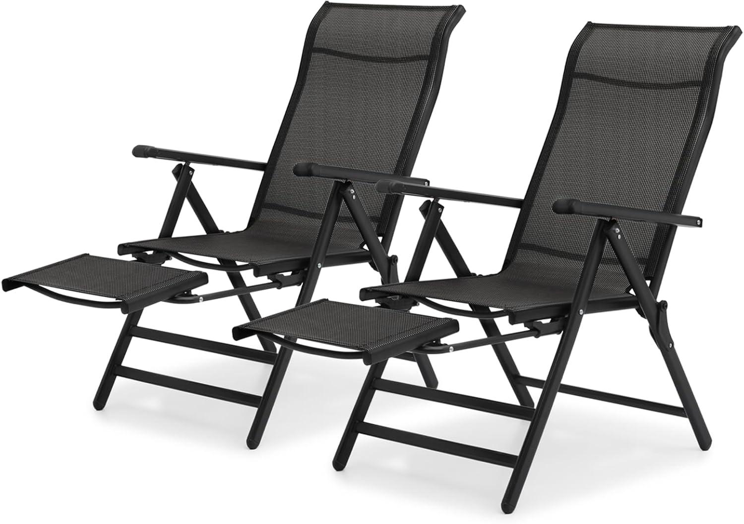 Black Aluminum Zero Gravity Folding Lounge Chairs with Armrests and Footrests, Set of 2