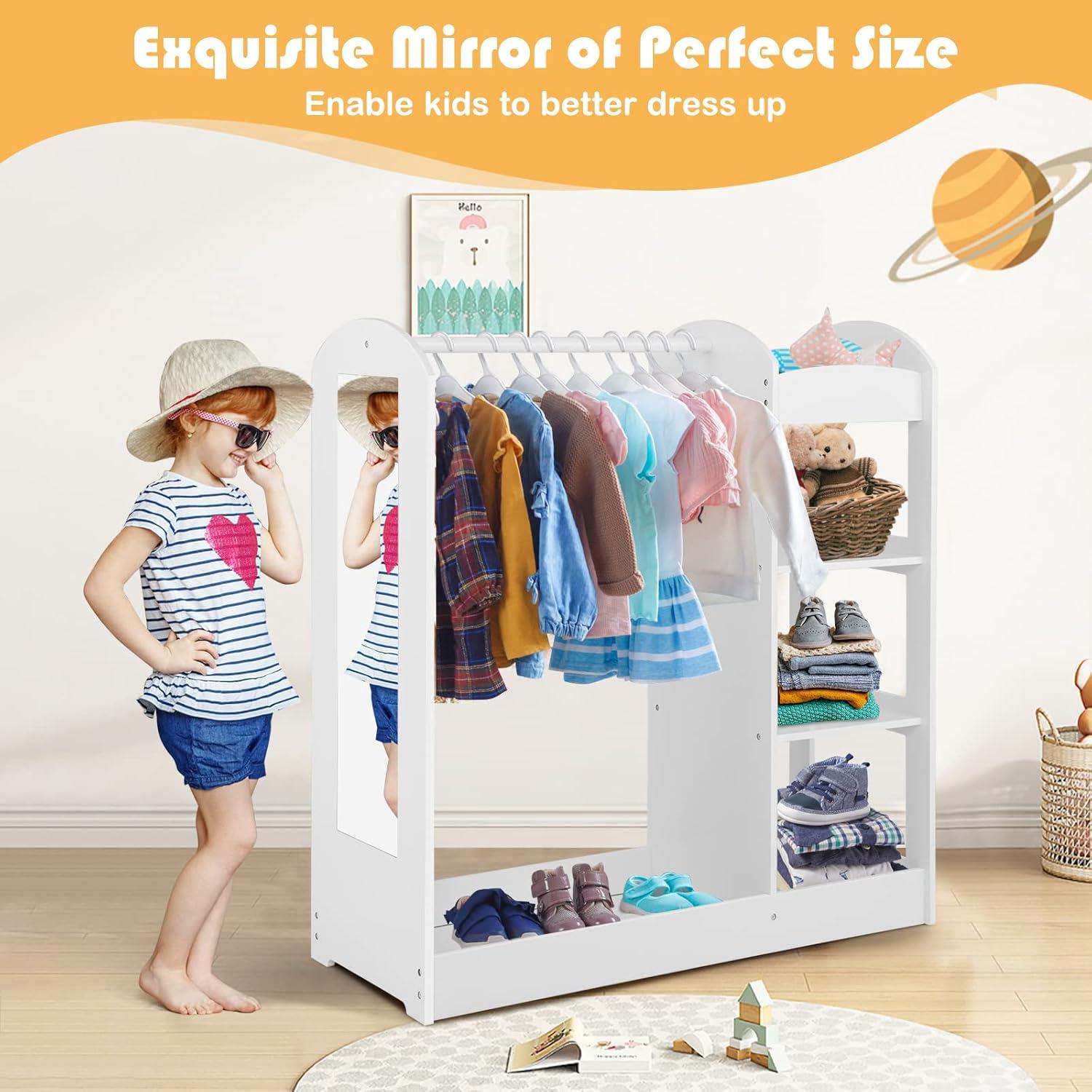 Costzon Kids Dress up Storage with Mirror, Clothes Rack, 3-Tier Shelves, Bottom Tray, Pretend Play Costume Dresser Organizer Center, Open Hanging Armoire Closet for Little Girls (White)