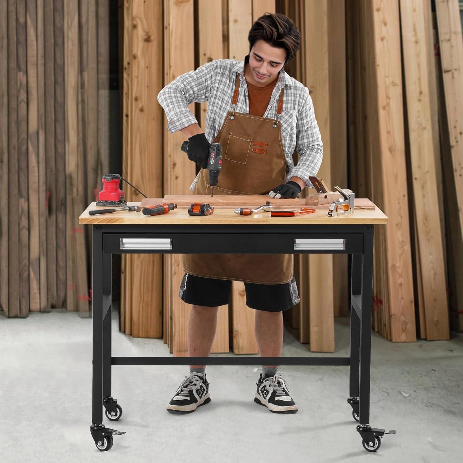 VEVOR Workbench, 48-inch Garage Workbench with Drawer Storage & Wheels, 1500 lbs Load Capacity Workshop Bench on Wheels, Heavy Duty Oak Wood Top Work Table for Garage, Workshop, Office, and Home