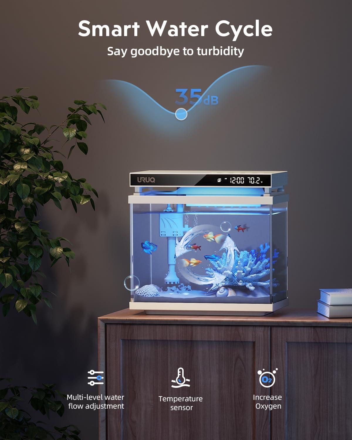Latitude Run® Fish Tank Smart Aquarium Kit: 2 Gallon UHD Glass Silent Water Pump Self Cleaning Multi Layer Filtration System - Temperature Sensing 7-Color Lighting For Small Fish Betta Kids Room Desktop Decor