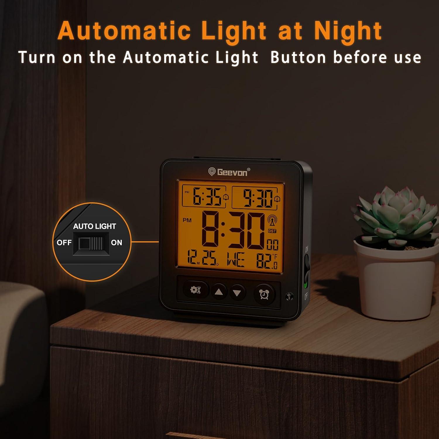 Geevon Black Digital Atomic Alarm Clock with Temperature Display