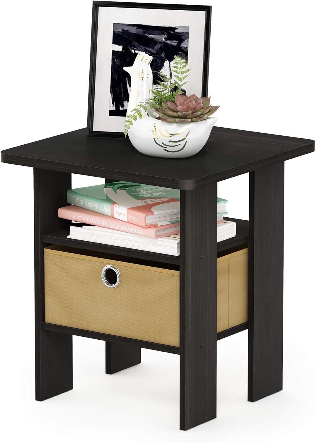 Furinno Andrey Engineered Wood End Table with Bin Drawer in Espresso/Brown