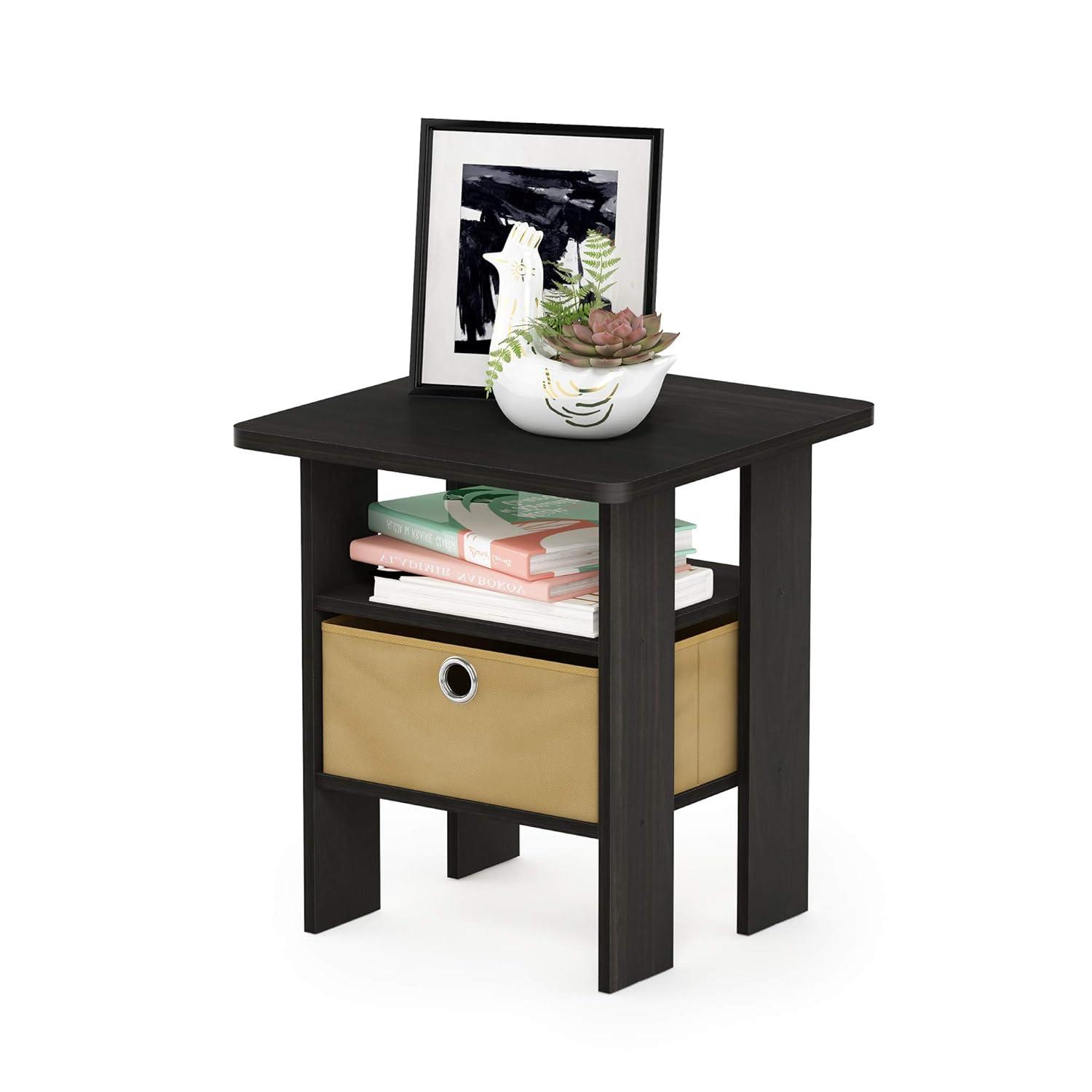 Furinno Andrey Engineered Wood End Table with Bin Drawer in Espresso/Brown