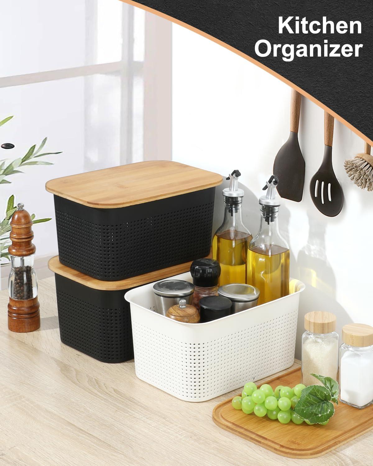 Black Plastic Storage Bins with Bamboo Lids