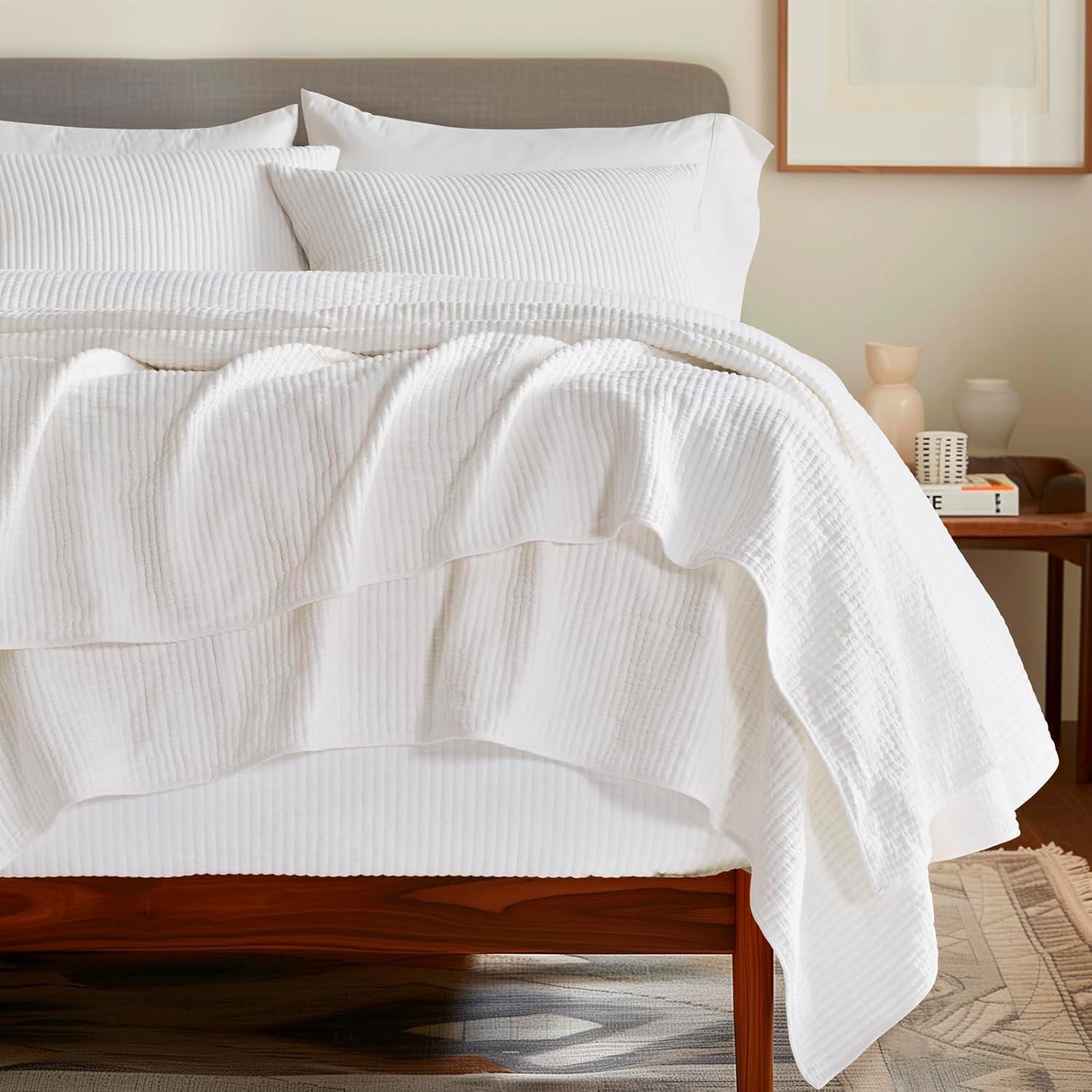 Ivory Full Cotton Ribbed Matelassé Coverlet Set