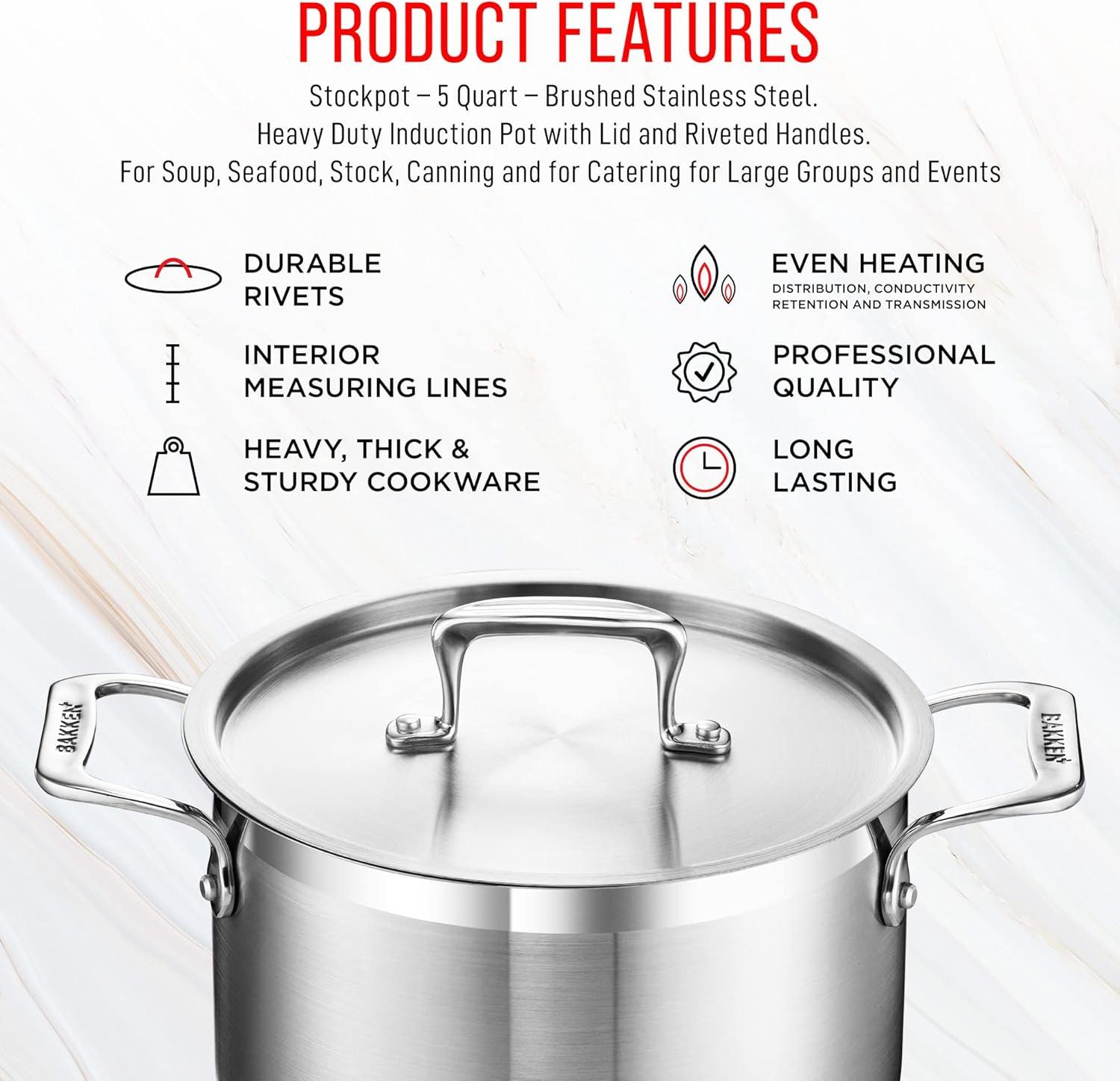 Bakken- Swiss Stockpot Brushed Stainless Steel Induction Pot with Lid and Riveted Handles