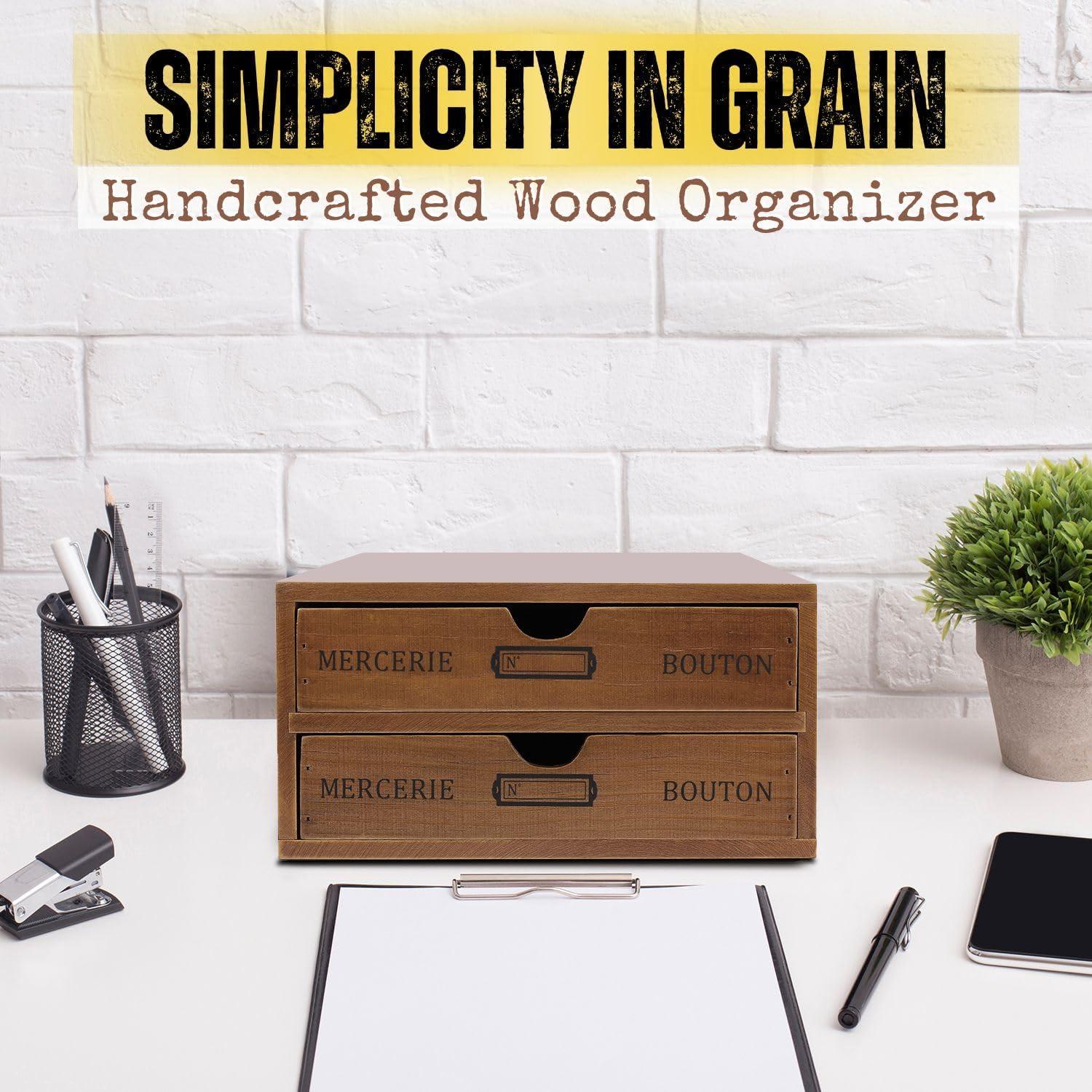 Wooden Desktop Office Supplies Organizer with 2 Storage Drawers Set, 2-Tier Wood Tabletop Cabinet, Countertop Desk Accessories Box, for Home Workspace Counter Vanity Decor Art Craft Tool Mail