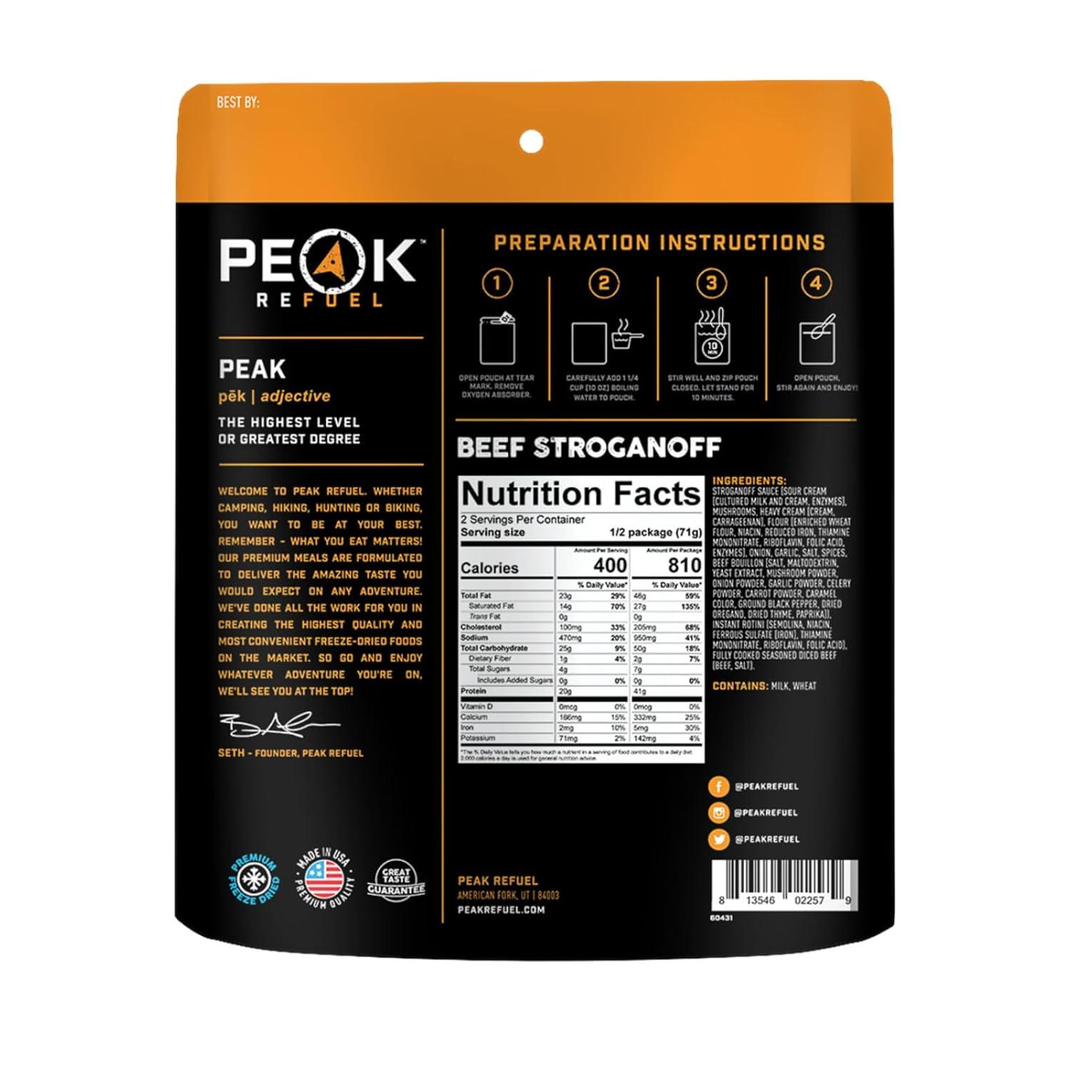 Peak Refuel Beef Stroganoff | Freeze Dried Backpacking and Camping Food | Amazing Taste | High Protein | Real Meat | Quick Prep Meals