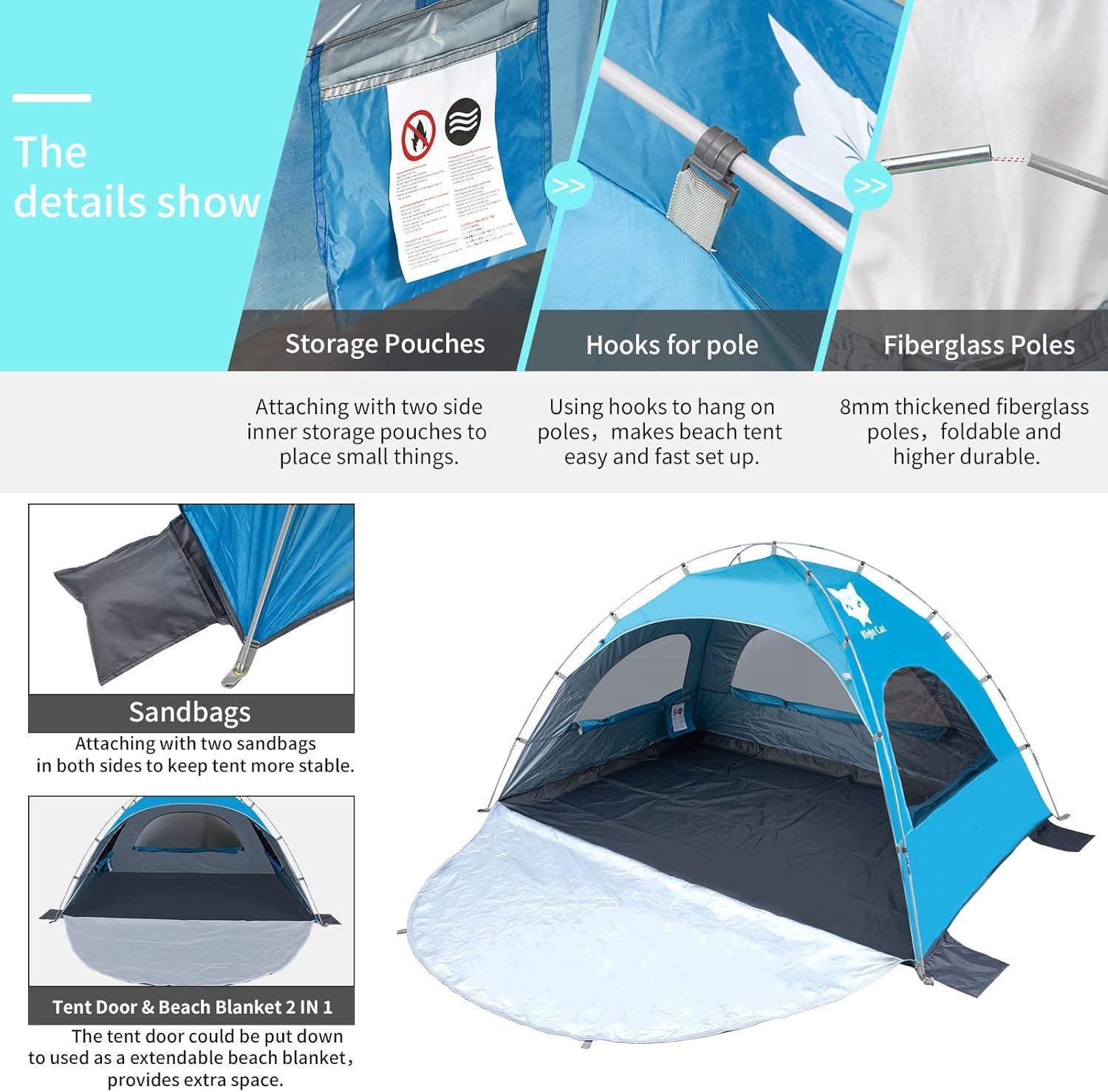 Blue 4-Person Summer Portable Beach Tent with UV Protection