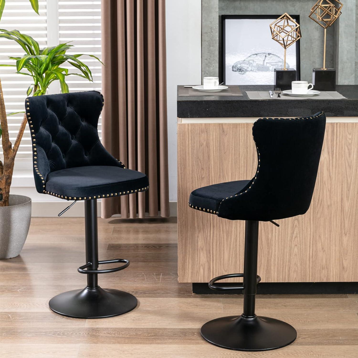 Swivel Bar Stools Set of 2, Adjustable Counter Height Barstools with Nailheads Trim, Button Tufted Back and Black Footrest, Velvet Bar Chairs for Kitchen Dining Room Island, Black