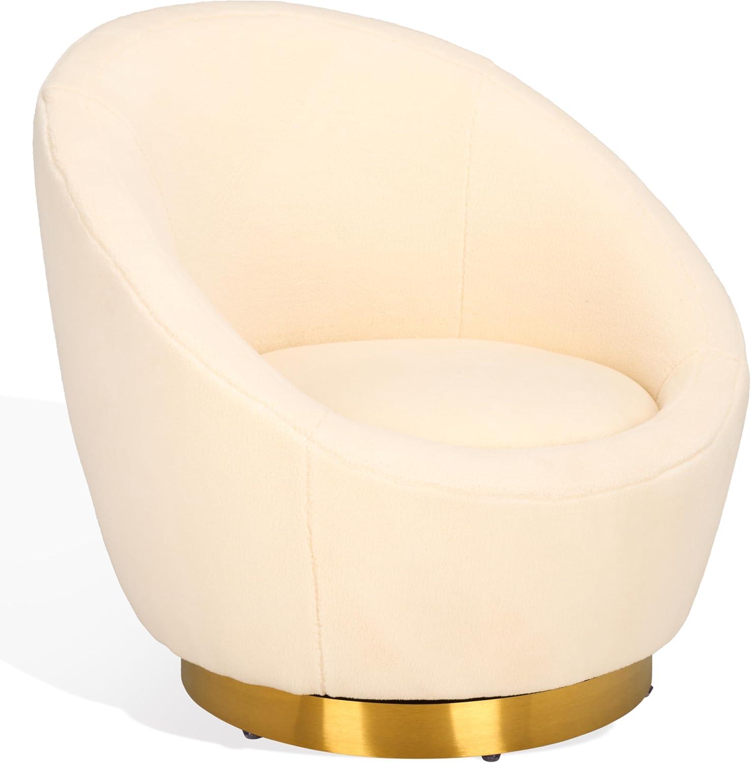 Ivory Faux Lamb Wool Swivel Chair with Gold Base