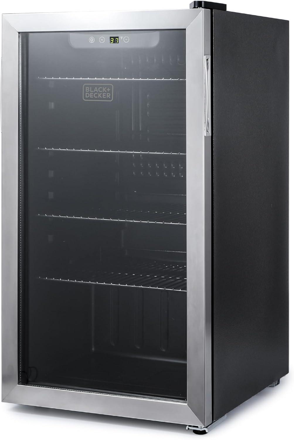 BLACK+DECKER 3.3 Cu. Ft. Beverage Cooler, Beverage Fridge with Double Pane Glass Door, Refrigerator for Drinks with 112-Can Capacity, LED Display