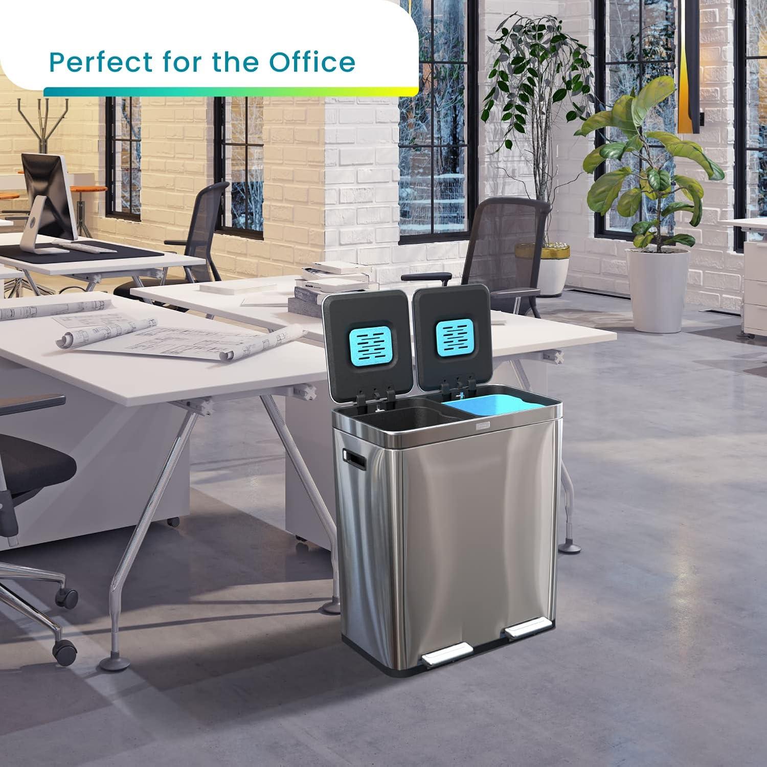 Home Zone Living Home Zone Living 16 Gallon Stainless Steel Dual Trash and Recycling Can with CleanAura Odor Control and Soft-Close Lids