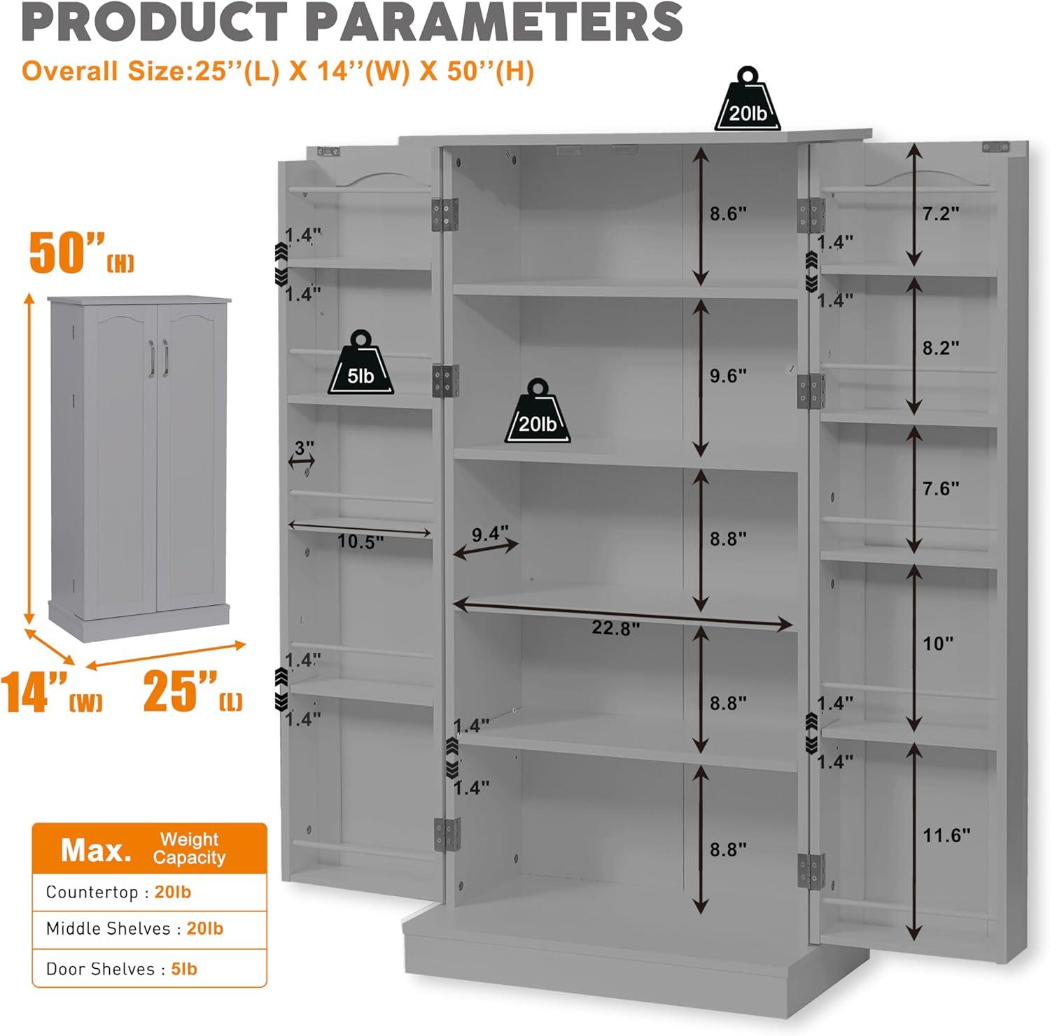 50'' Gray LED Kitchen Pantry Cabinet with Adjustable Shelves