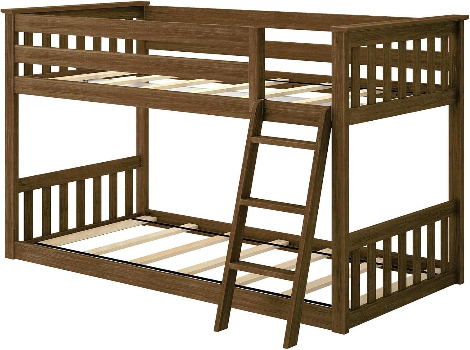 Max & Lily Twin over Twin Bunk Bed for Kids, Solid Wood Low Bunk Beds with Ladder, Walnut