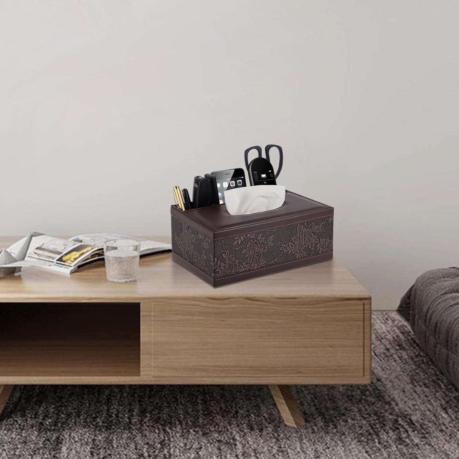 Tissue Box Cover Rectangle Retro Tissue Box Holder PU Leather Facial Tissues Organizer,Multifunctional Remote Control Stationery Storage Box,Home Office Supplies Car Napkin Caddy