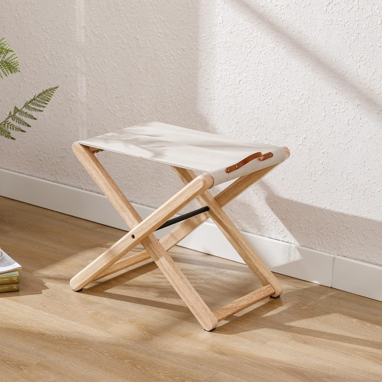 Folding Chairs Patio Stool for Camping Solid Wood Teak and Fabric (Set of 2)