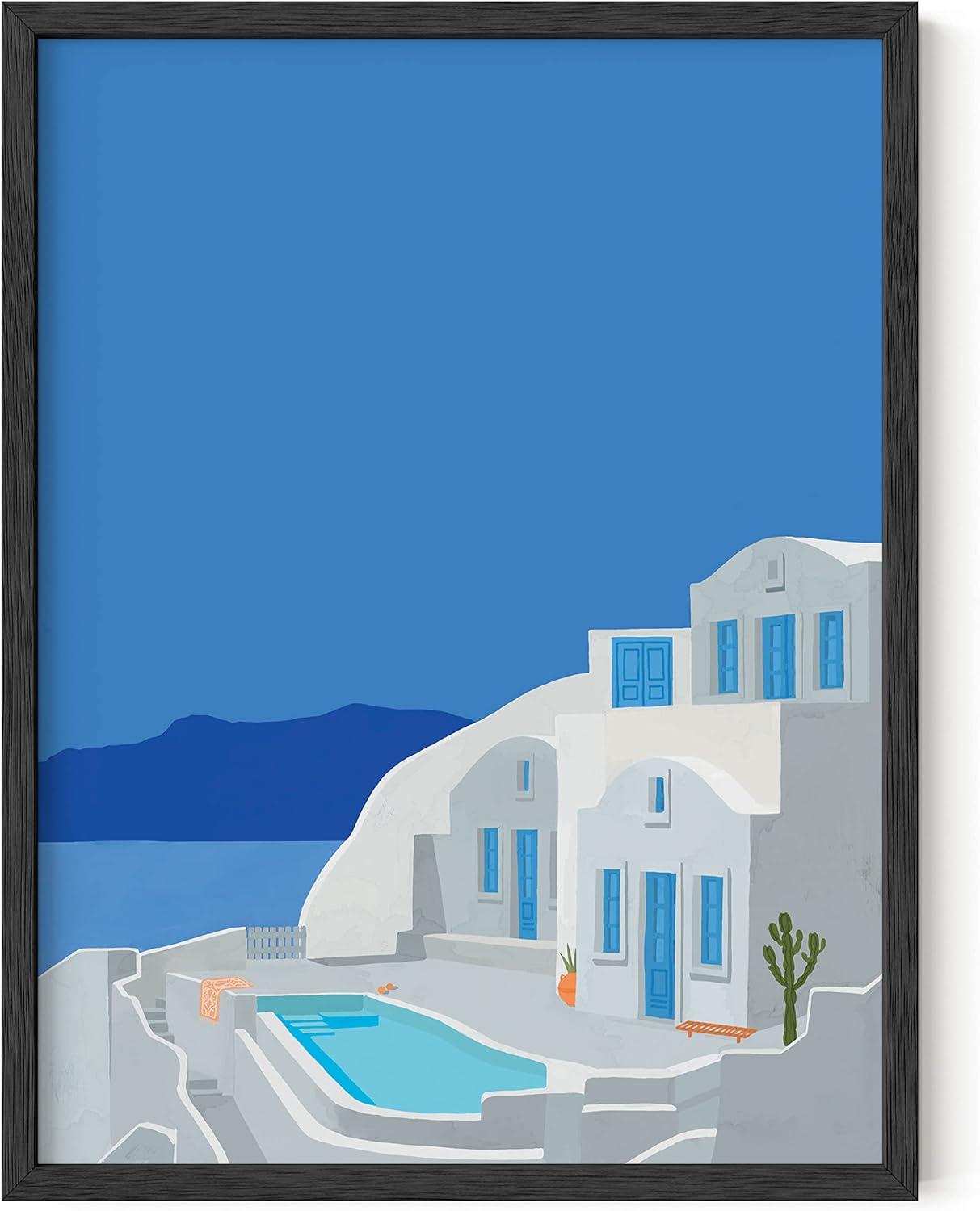 HAUS AND HUES Travel Greece Wall Art - Mediterranean poster, showcasing beautiful coastal vibes. Framed in black for a sleek finish (Black Frame, 12x16).