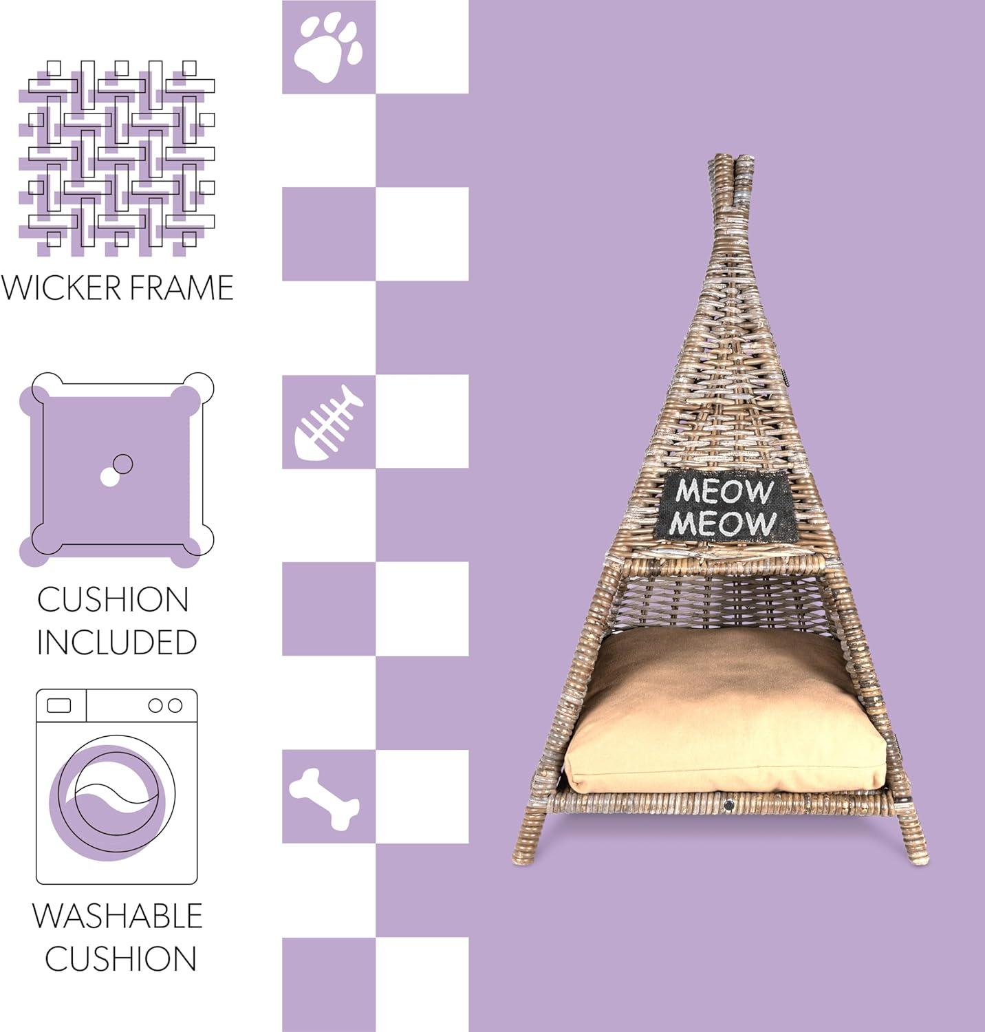 Tiki Tent 20" x 20" Coastal Handwoven Rattan Cat Bed with Machine-Washable Cushion, Kubu Gray