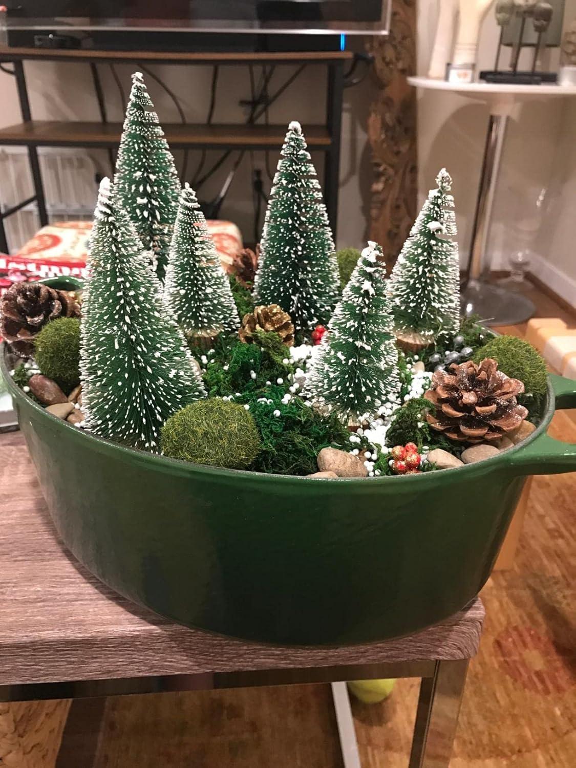 Brush Trees Decor, Small Mini  Trees for Tabletop, Decorations for Indoor Kitchen Village Table Centerpieces, Mini Green Xmas Flocked Frosted Sisal Tree