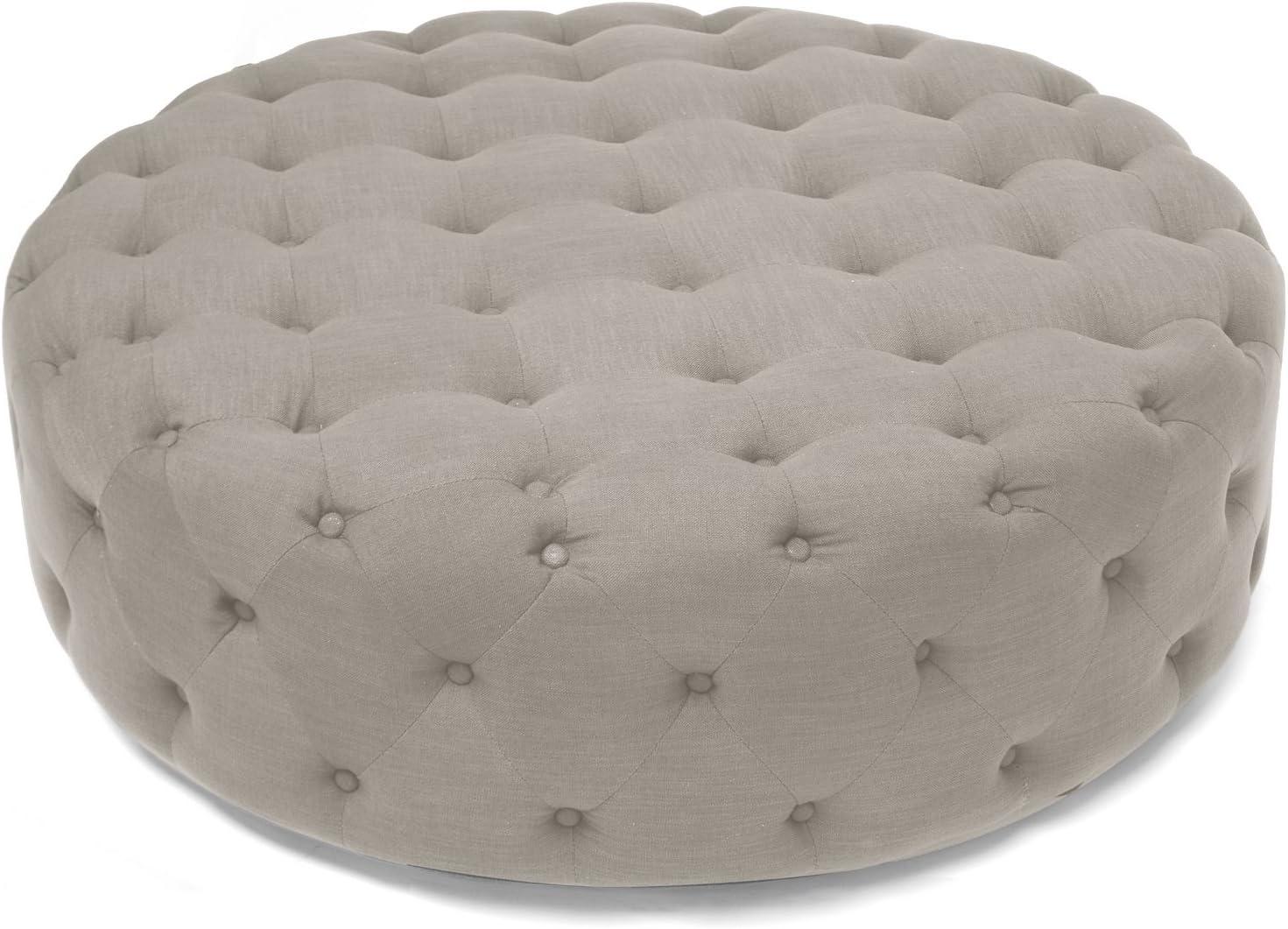 Cardiff Beige Linen 42" Round Tufted Ottoman