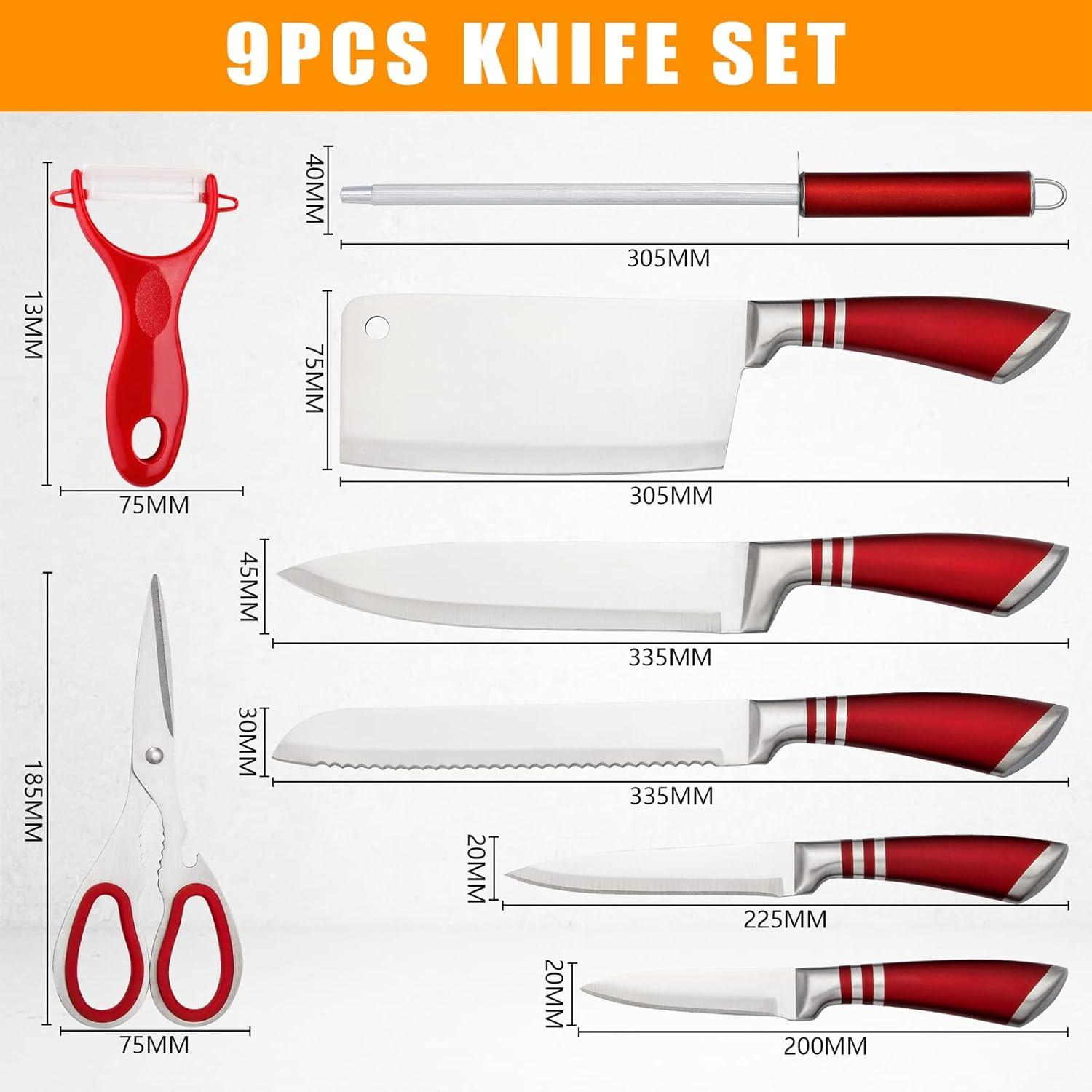 Kitchen Knife Set, 9-Pieces Red Coated Knife Block Set, Stainless Steel Chef knife Set with Sharpener Peeler Scissors, Sharp Non-Stick Knives Set with Rotatable Holder for Cutting Slicing Dicing