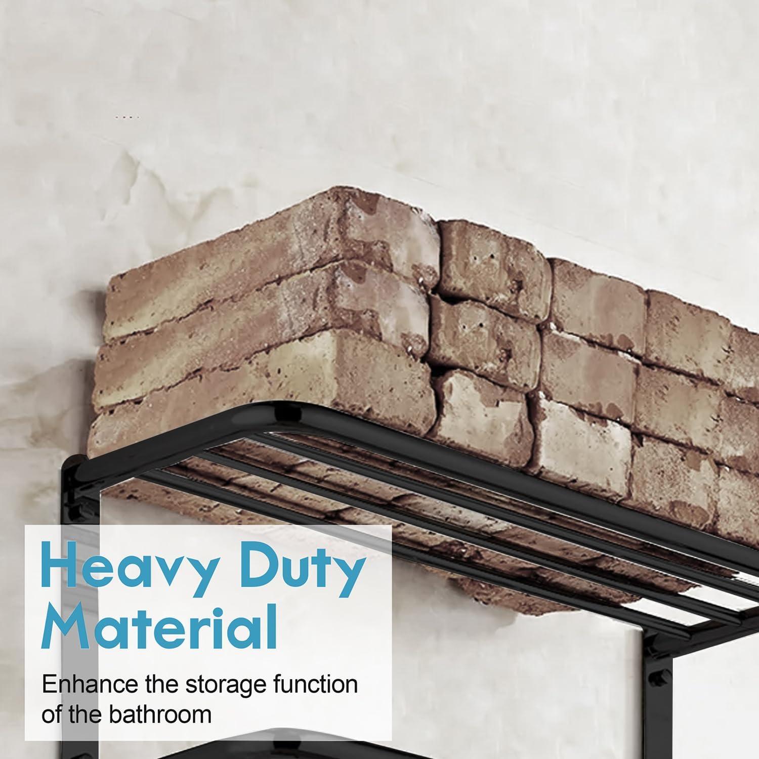 Matte Black 2-Tier Towel Rack | 24'' Wall-Mounted Bathroom Towel Shelf With Bar & 5 Hooks | Rust-Proof Stainless Steel Towel Hanger & Organizer | Space-Saving Storage