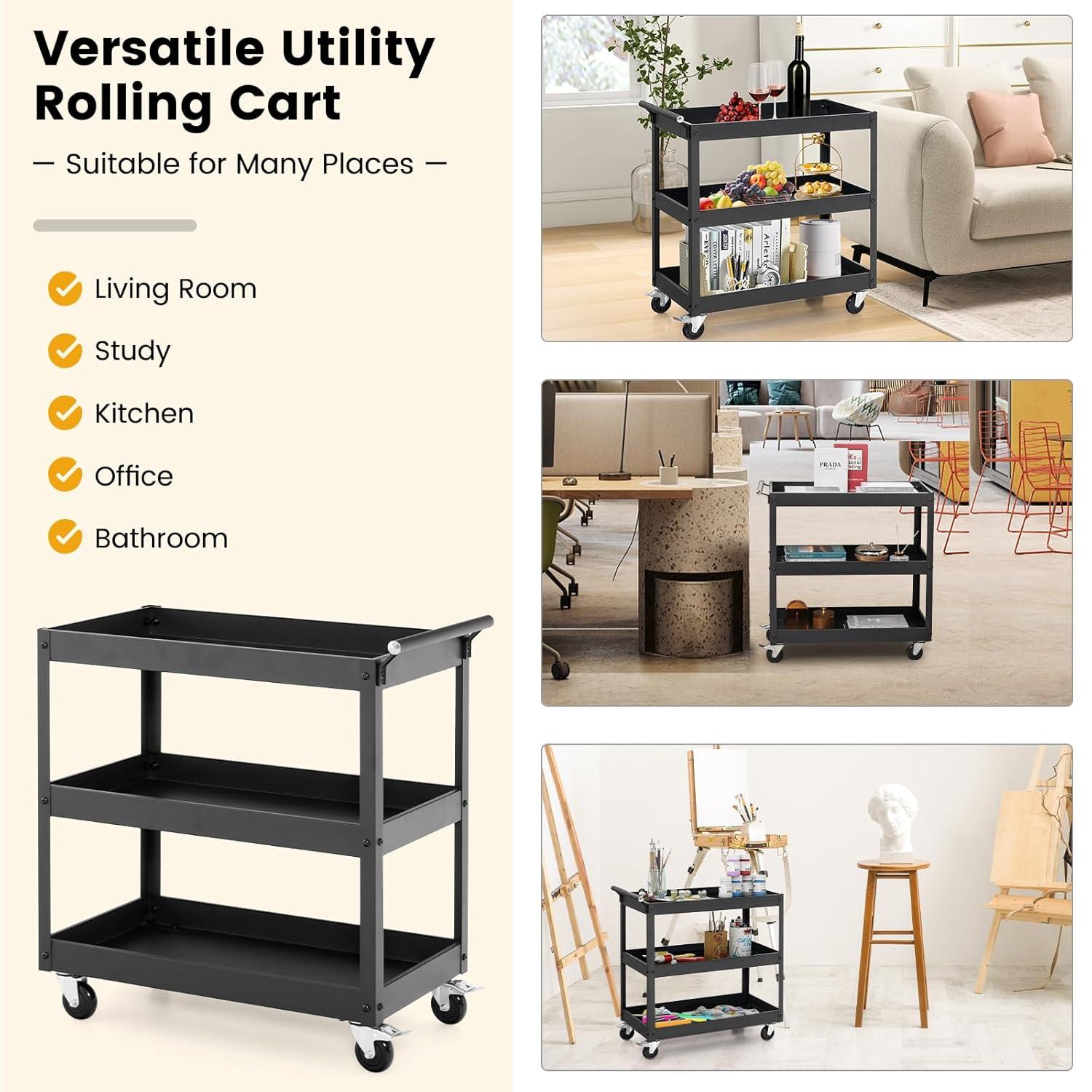 3-Tier Utility Cart, Heavy Duty Commercial Service Tool Cart w/Lockable Wheels, 330lbs Load Capacity, Ergonomic Handle, Rolling Mechanic Tool Cart Storage Organizer for Warehouse Garage Black