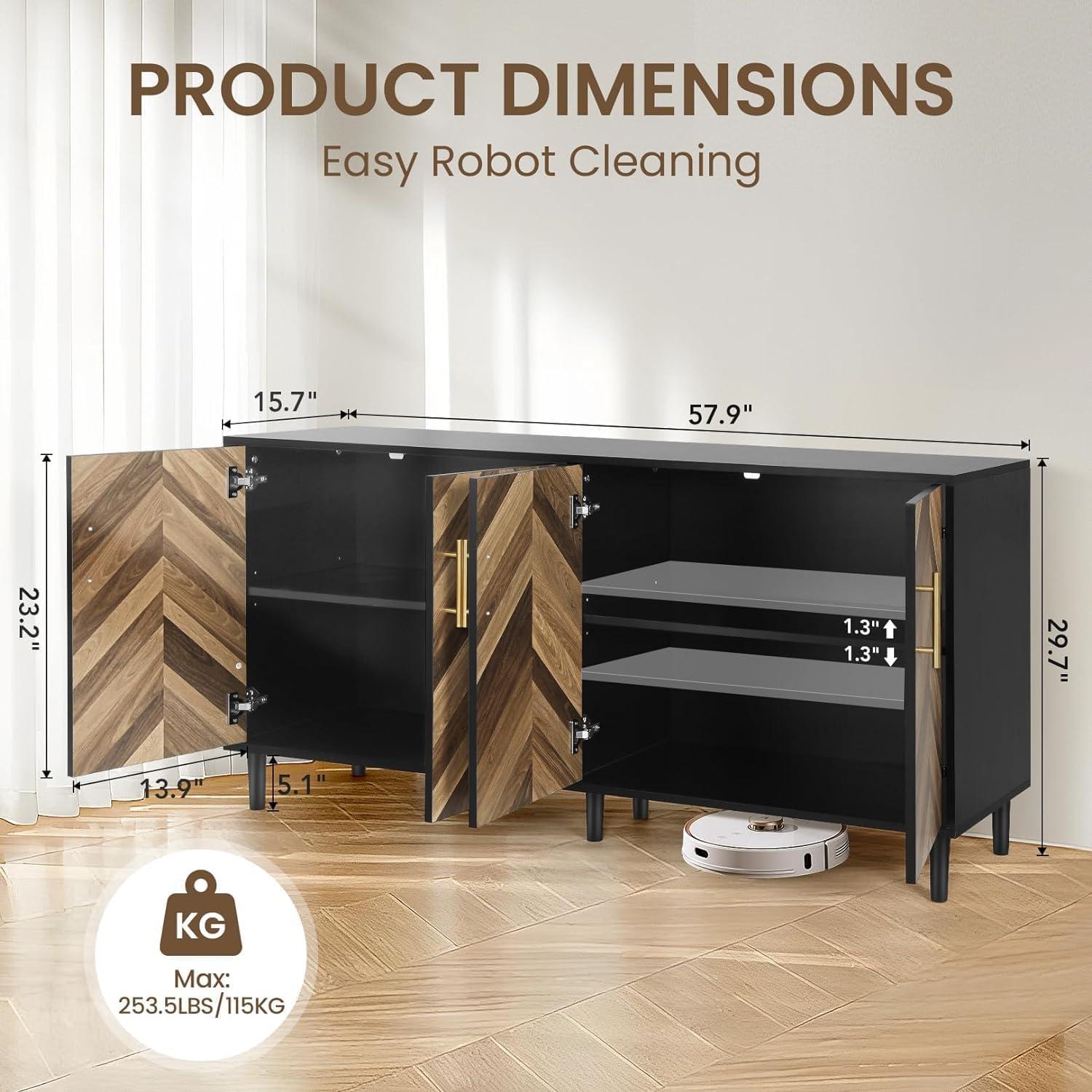 Accent Cabinet, Black Storage Cabinet with Doors Mid Century Modern Sideboard Buffet Cabinet with Storage Shelves Small Wood Accent Cabinets for Living Room Entryway Office, Brown Herringbone