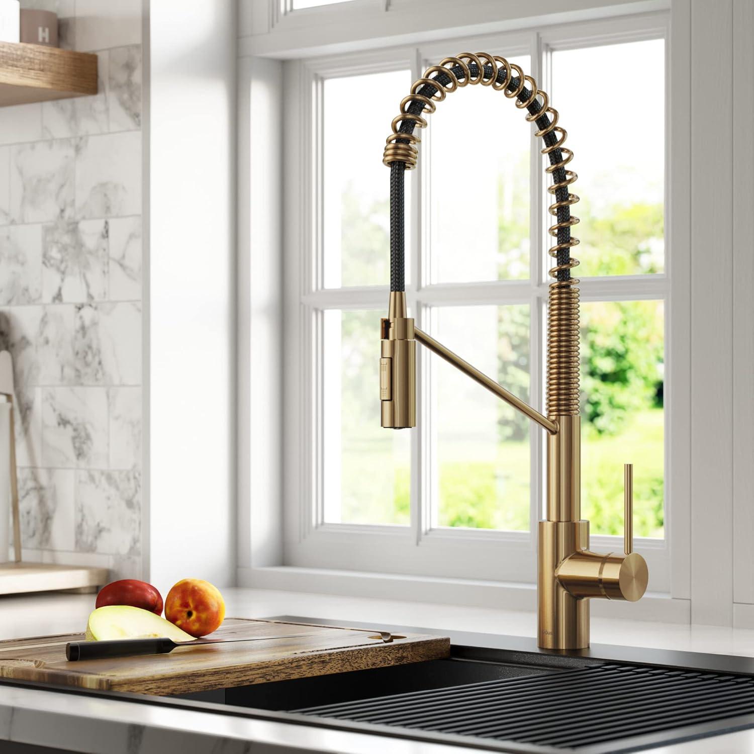 KRAUS Oletto Commercial Style Single Handle Pull Down Kitchen Faucet with QuickDock Top Mount Installation Assembly in Brushed Brass