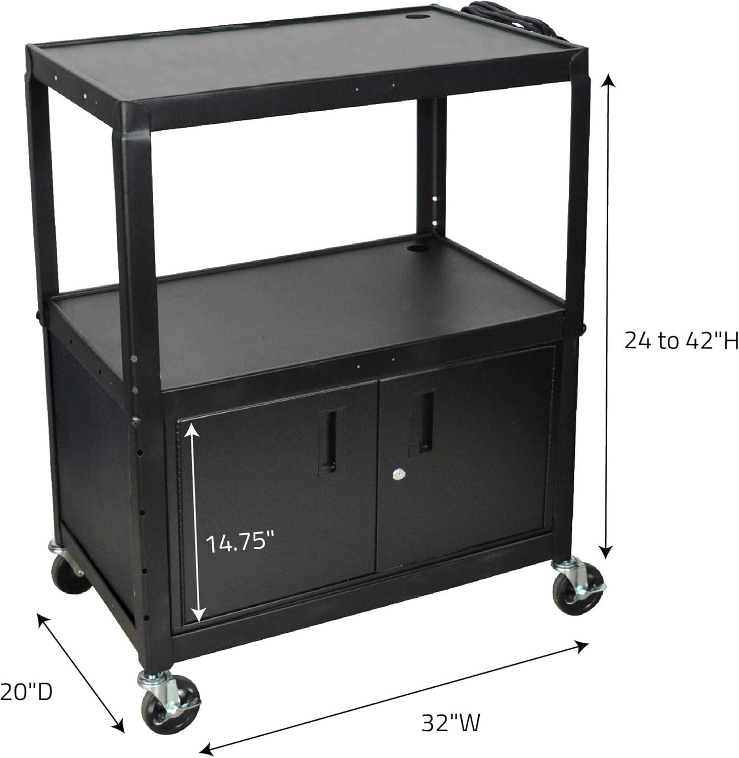 Black Adjustable Height Steel Projector Cart with Locking Cabinet