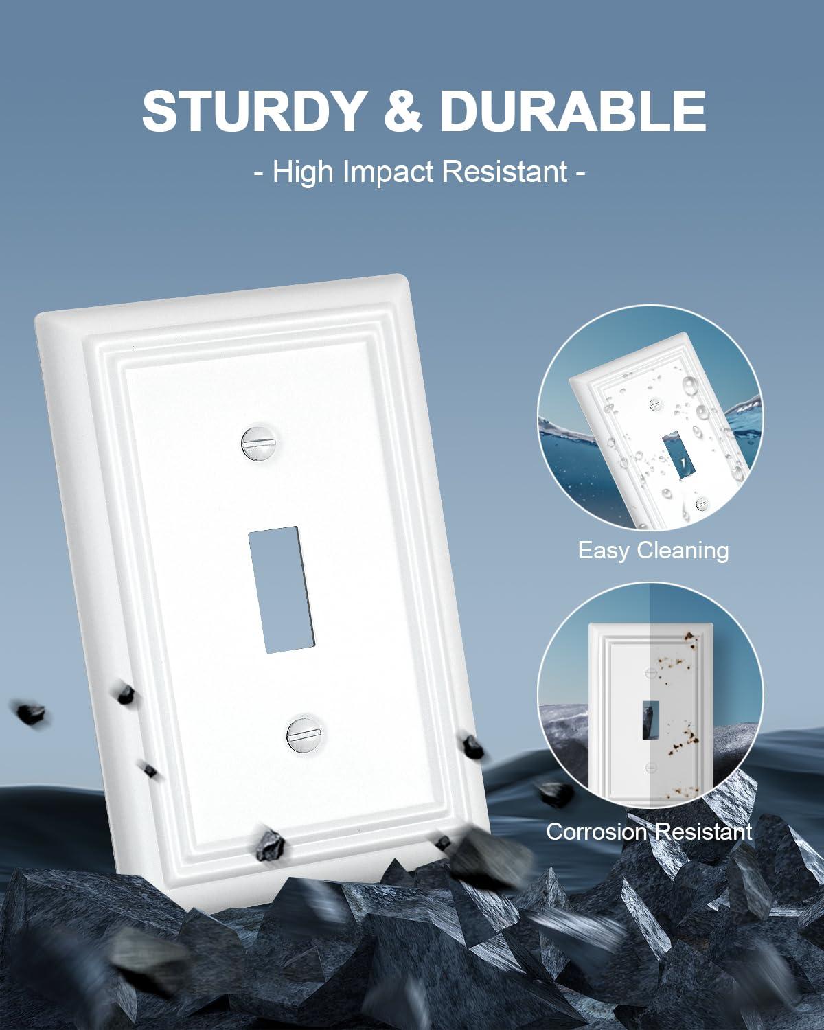 Modern Decorative Wall Plate Switch Plate Outlet Cover, Vintage Retro Wood Grain Design(Single Toggle-4 Pack, White)