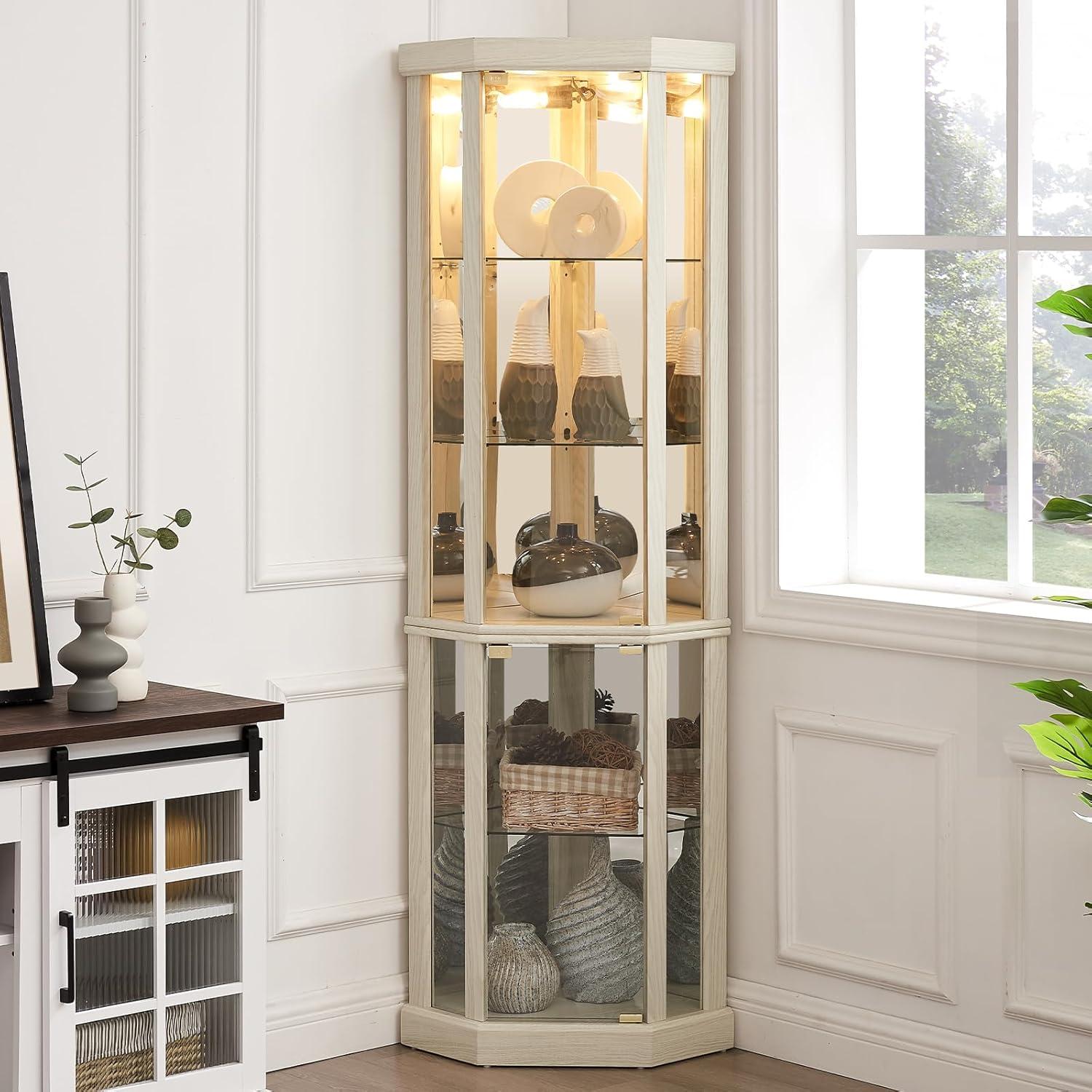 Lighted Corner Curio Cabinet,Corner Display Cabinet with Tempered Glass Doors Mirrored Back Panel Adjustable Shelves,16.46" L X 16.46" W X 69.84" H(Antique White)