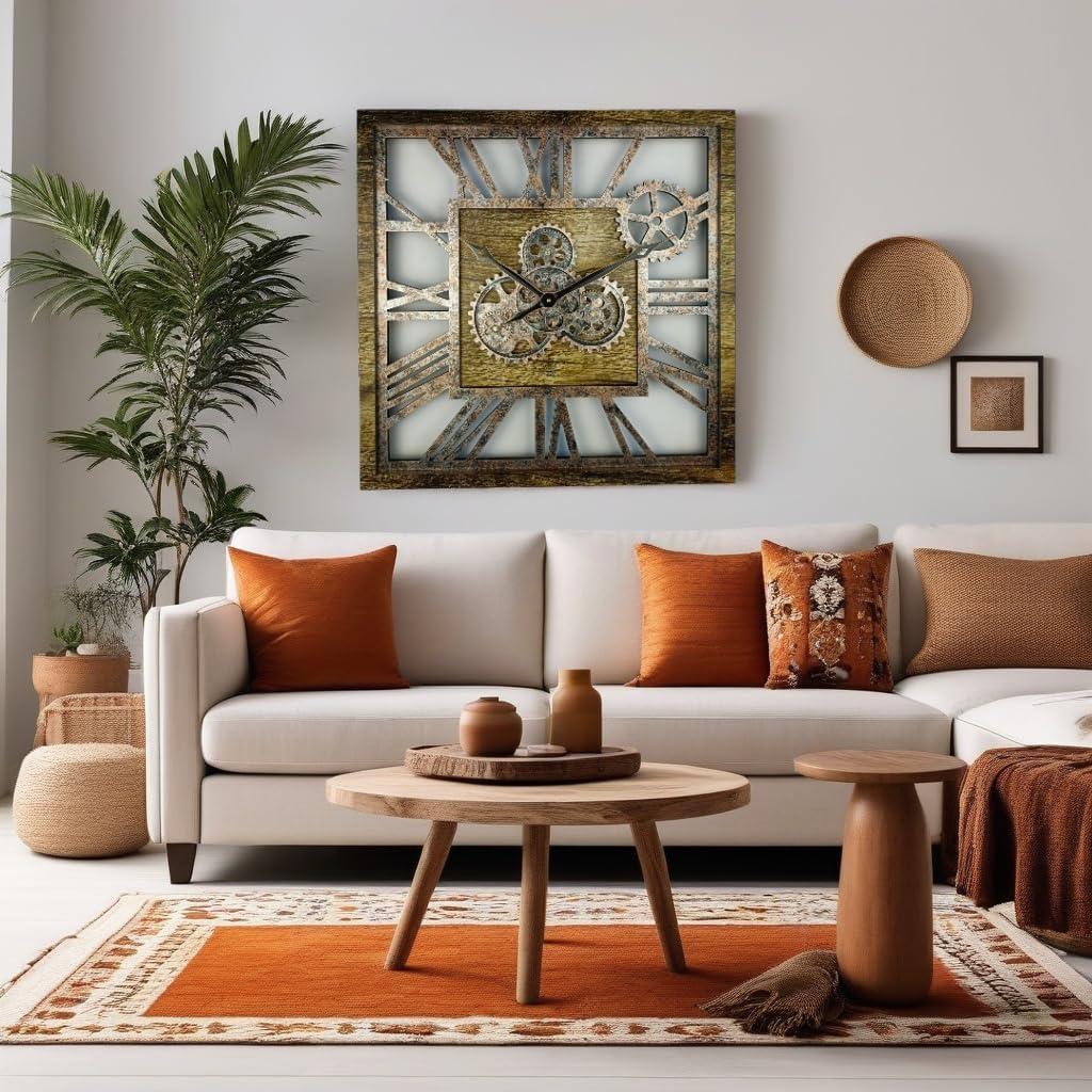 THE GEARS CLOCK Wall Clock with Real Moving Gears AM-LI_ 24 in Square Gold-Antique