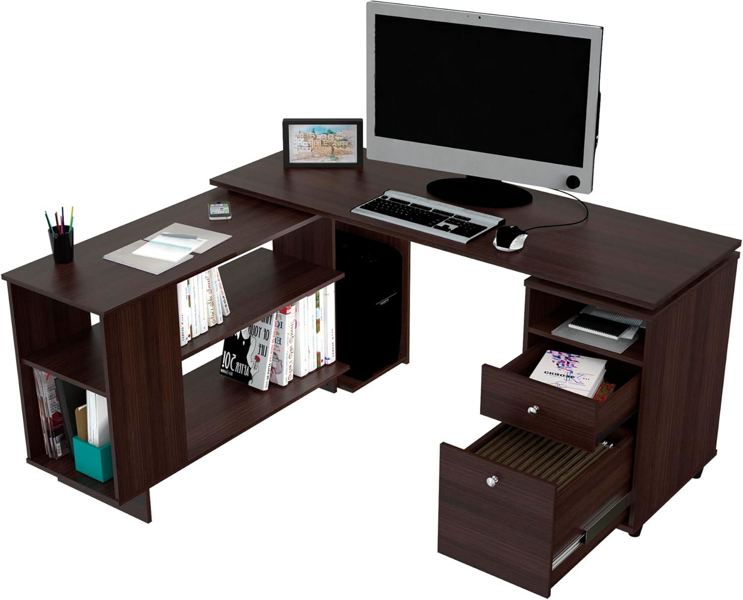 Inval L-Shaped Reversible Computer Desk, Espresso