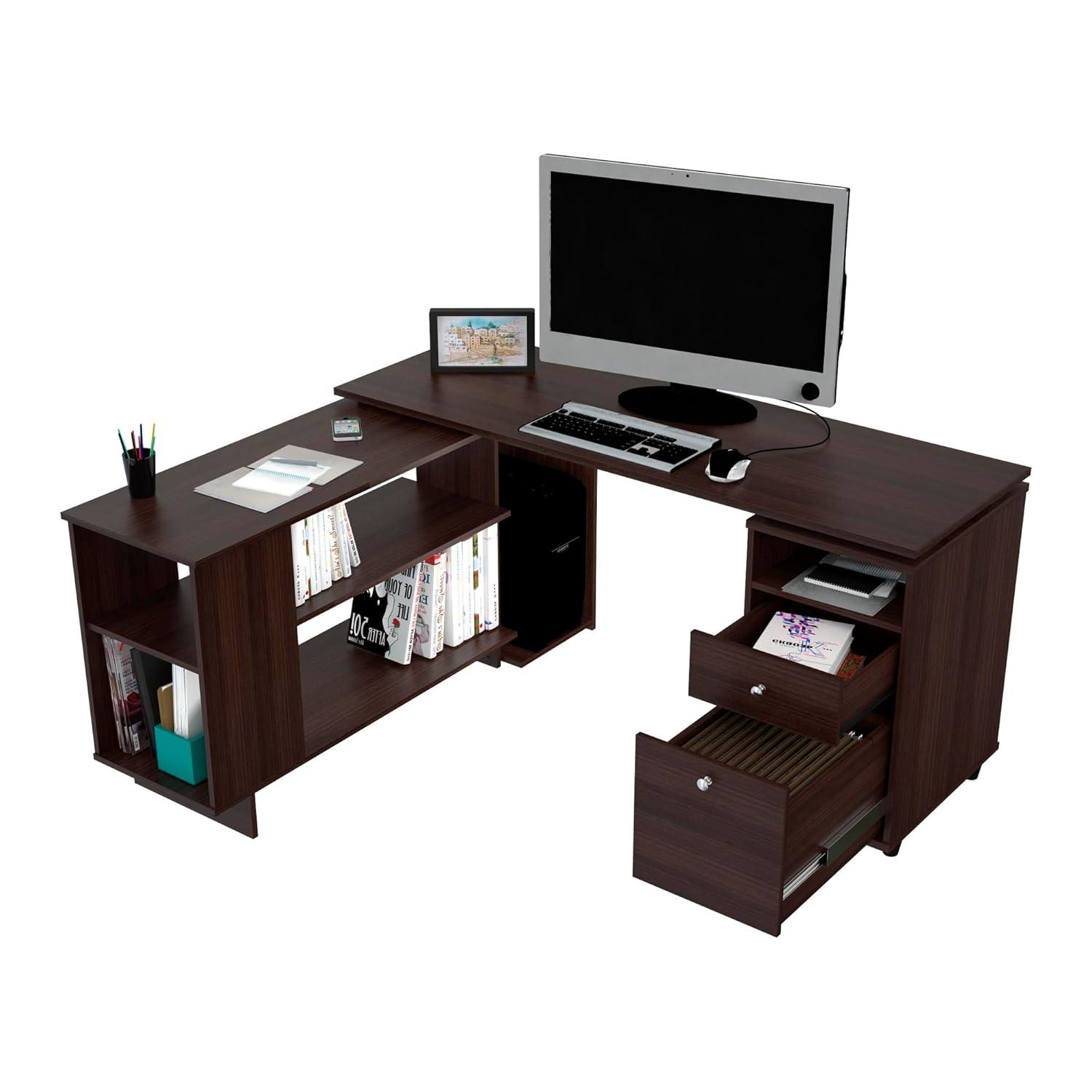 Inval L-Shaped Reversible Computer Desk, Espresso