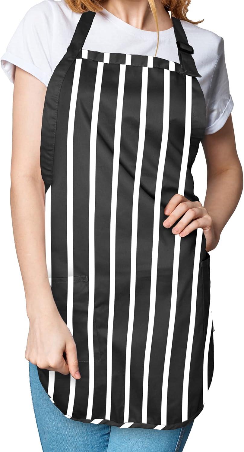 DALIX Apron Commercial Restaurant Home Bib Spun Poly Cotton Kitchen Aprons (2 Pockets) in Striped Black