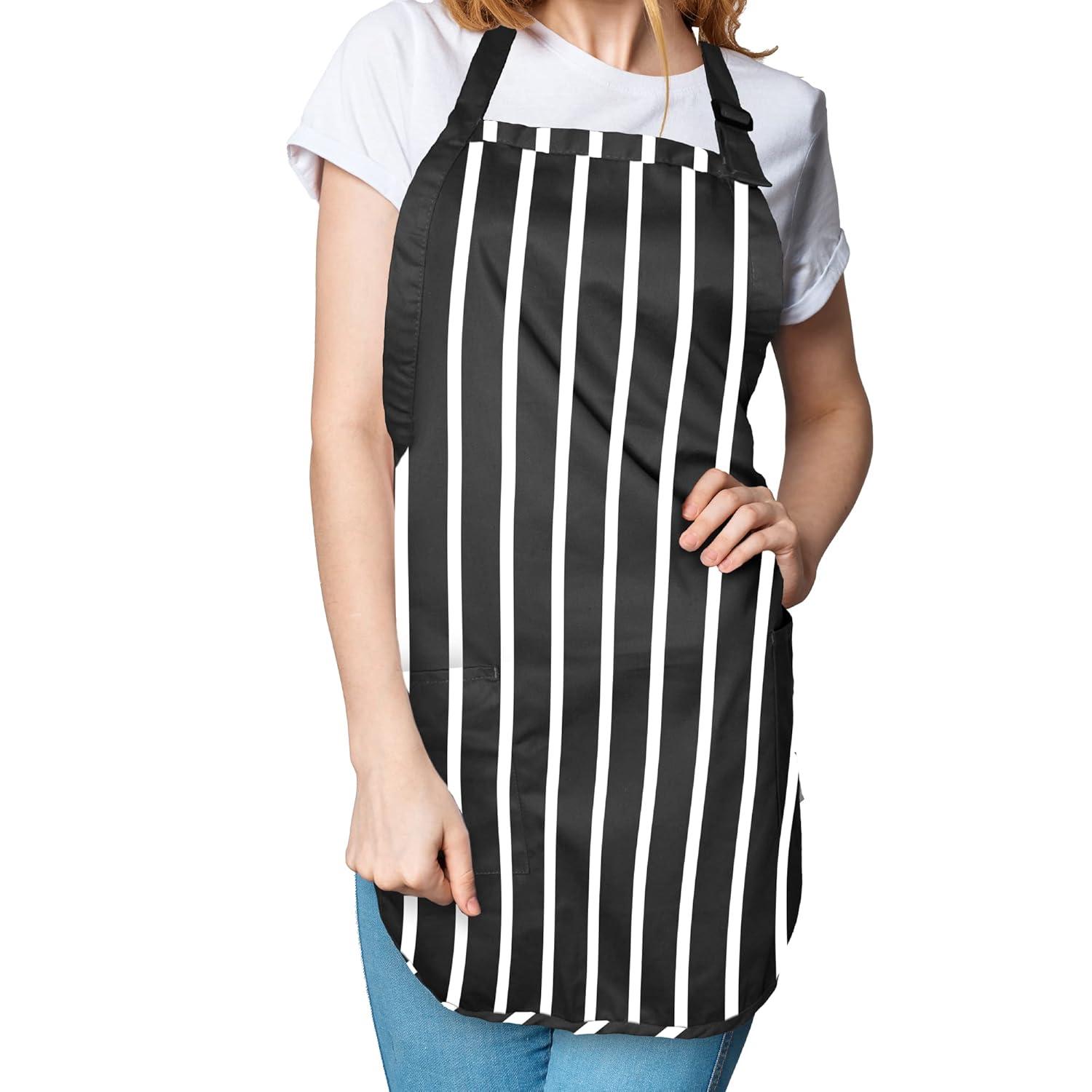 DALIX Apron Commercial Restaurant Home Bib Spun Poly Cotton Kitchen Aprons (2 Pockets) in Striped Black