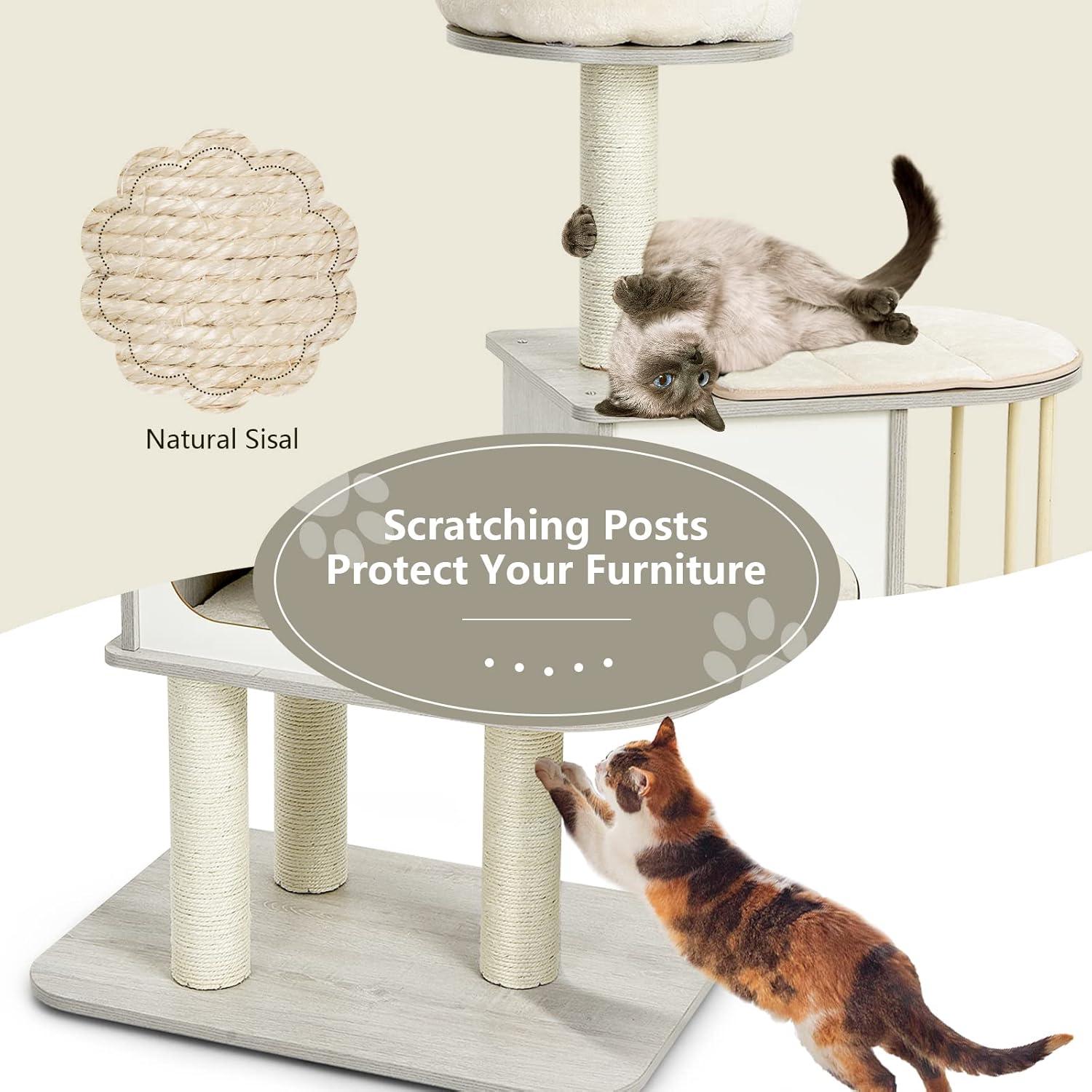 46'' Light Gray Wooden Cat Tree with Sisal Posts and Cushions