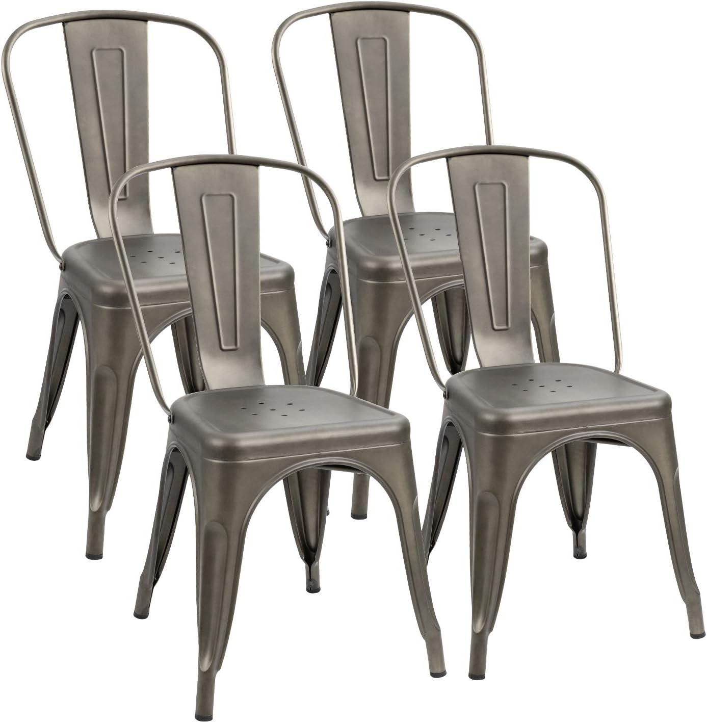 Flamaker Metal Dining Chairs - Stackable Kitchen & Restaurant Side Chairs, Set of 4 (Gun Metal)