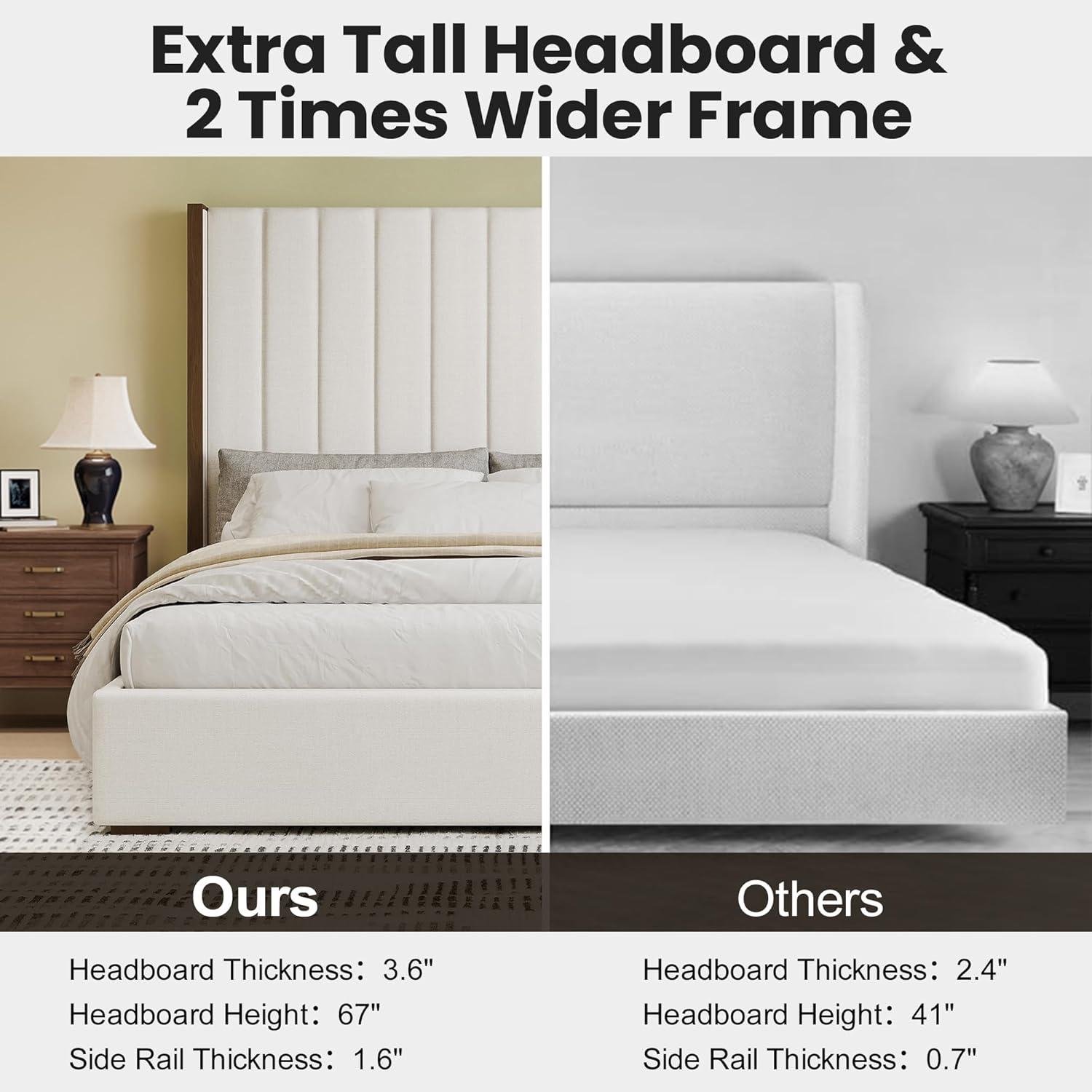 67.5" Tall Headboard Upholstered King Size Bed with Vertical Striped and Wingback Design, Box Spring Needed, Linen