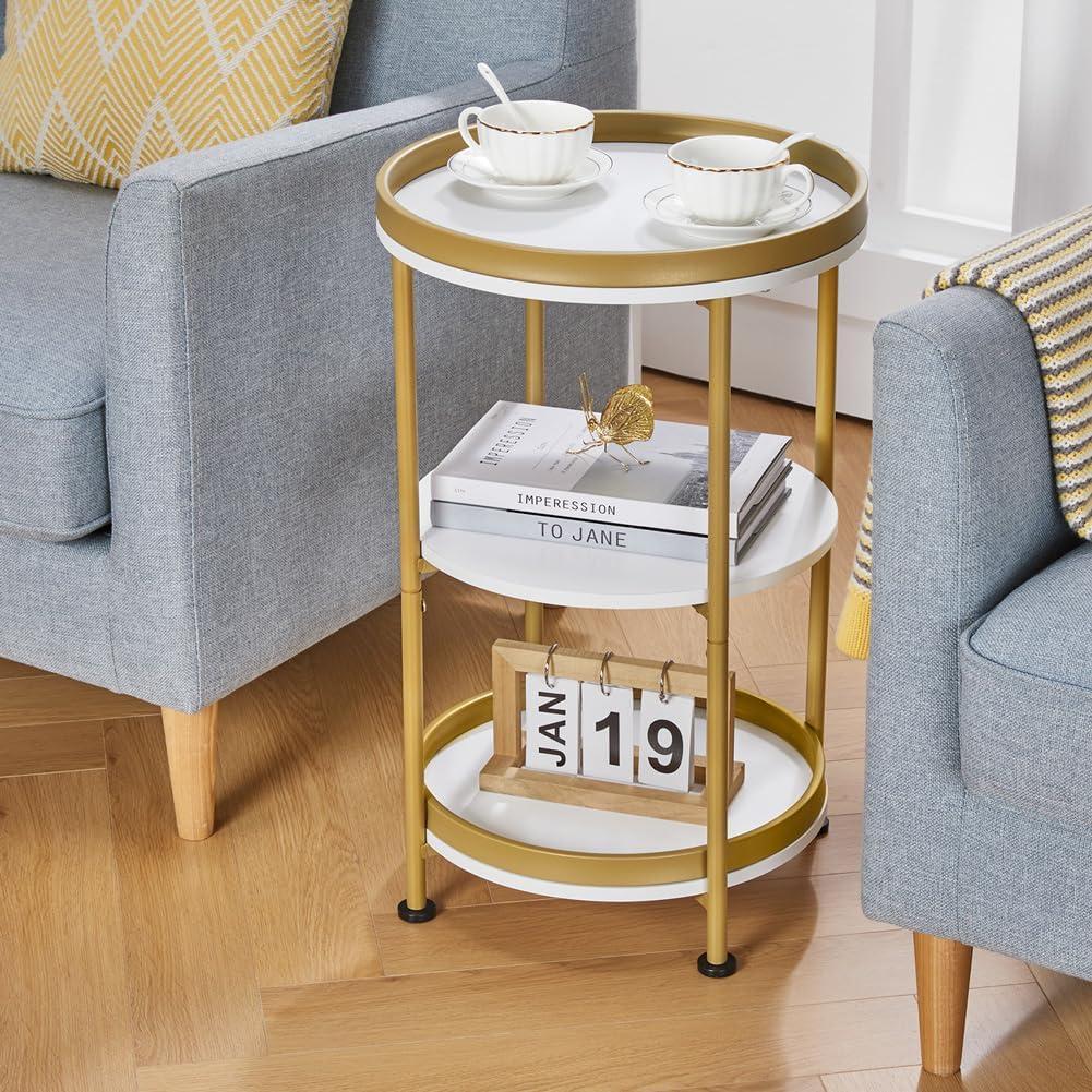 White and Gold Round End Table with 3 Shelves