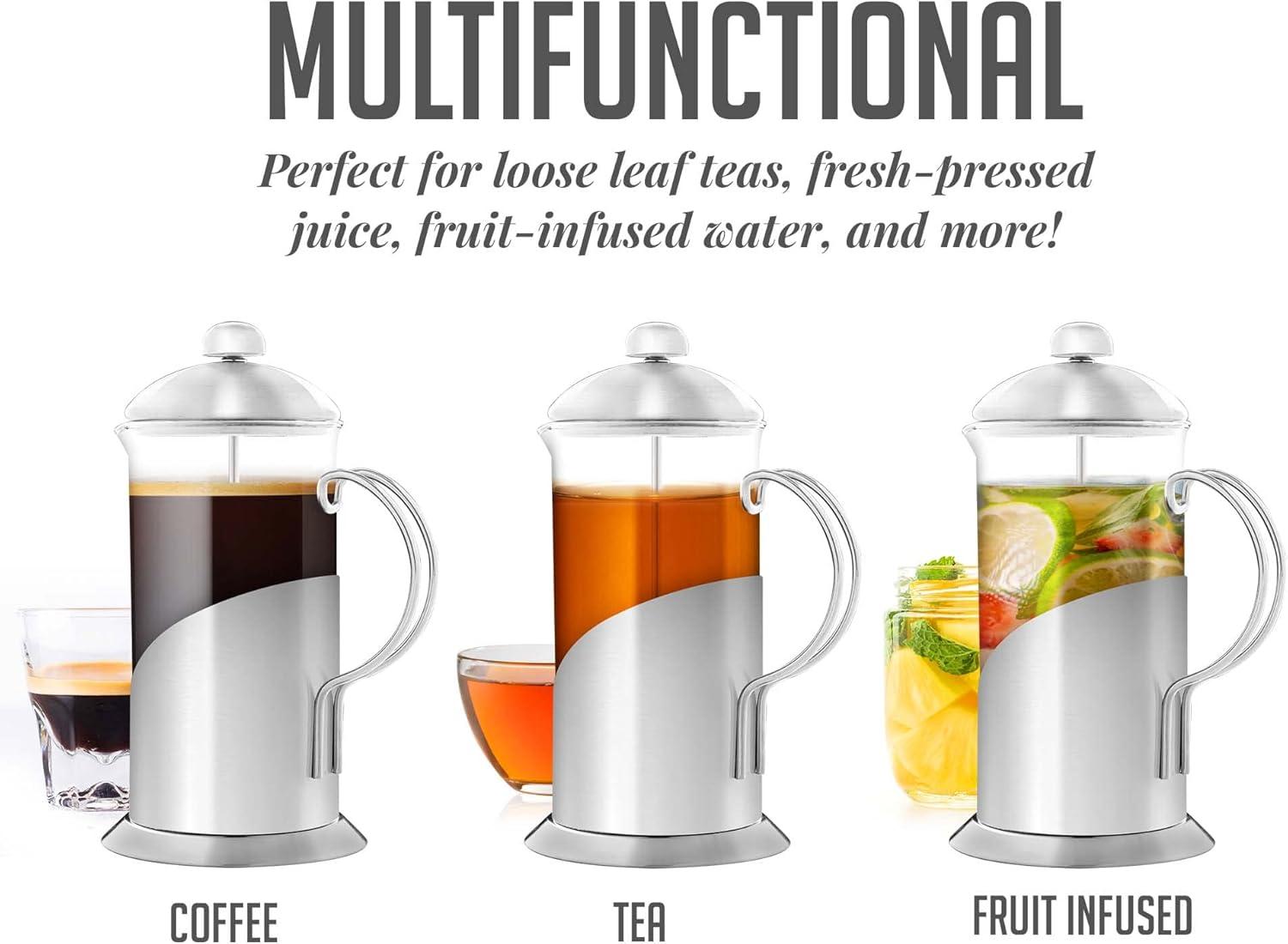 OVENTE French Press Coffee Maker, 4 Level Stainless Steel Filter System, Borosilicate Heat Resistant Glass Carafe with Free Measuring Scoop, Silver