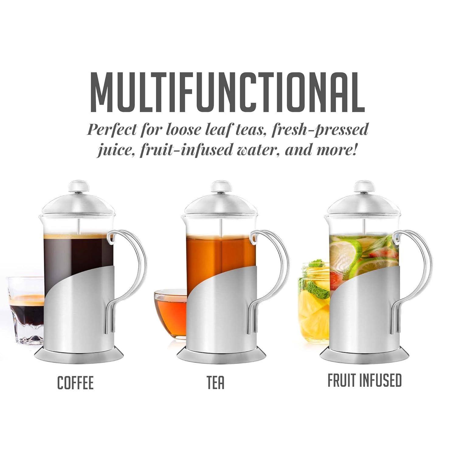 OVENTE French Press Coffee Maker, 4 Level Stainless Steel Filter System, Borosilicate Heat Resistant Glass Carafe with Free Measuring Scoop, Silver